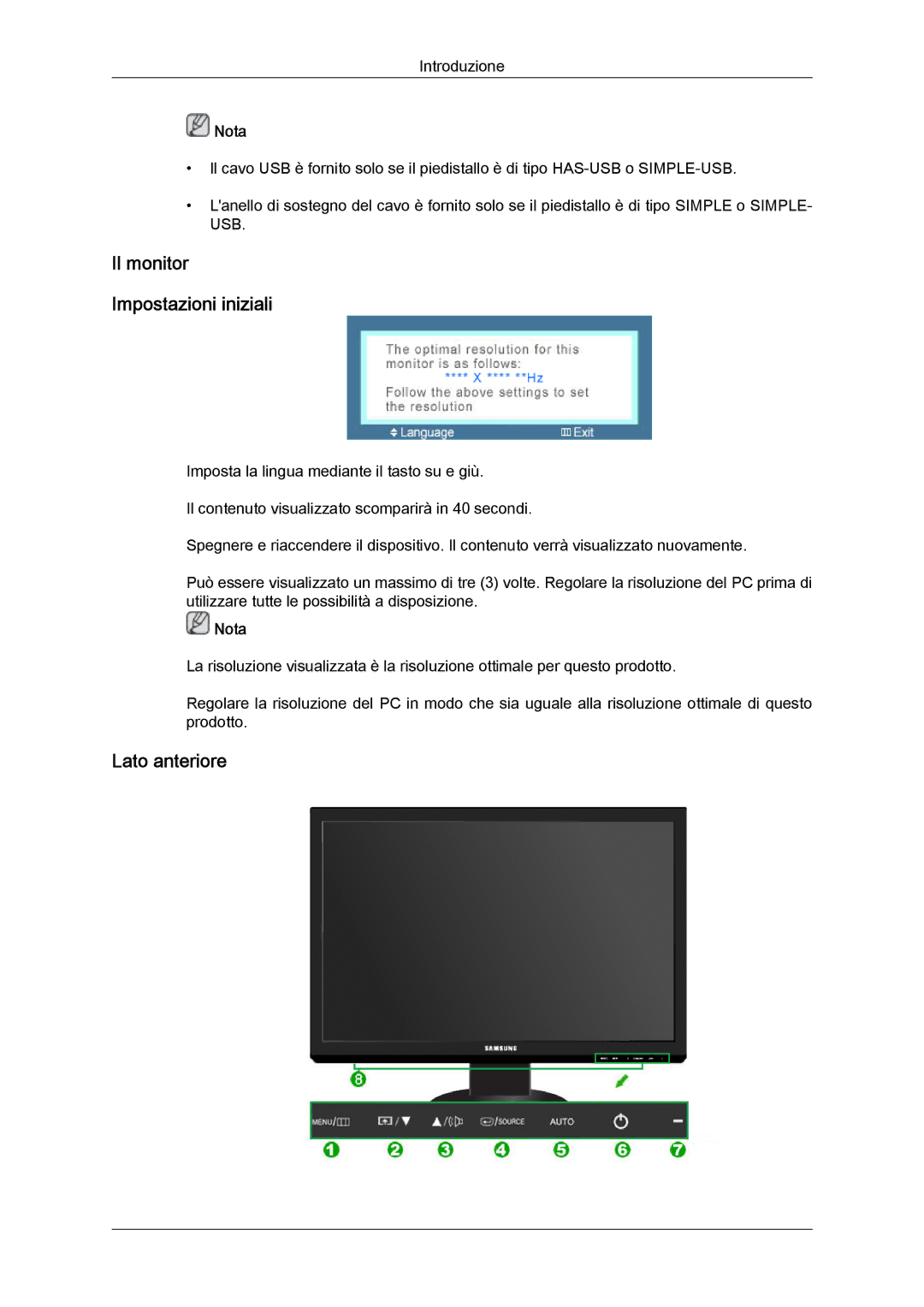 Samsung LS24KIQRFV/EDC, LS24KIVKBQ/EDC manual Il monitor Impostazioni iniziali, Lato anteriore 