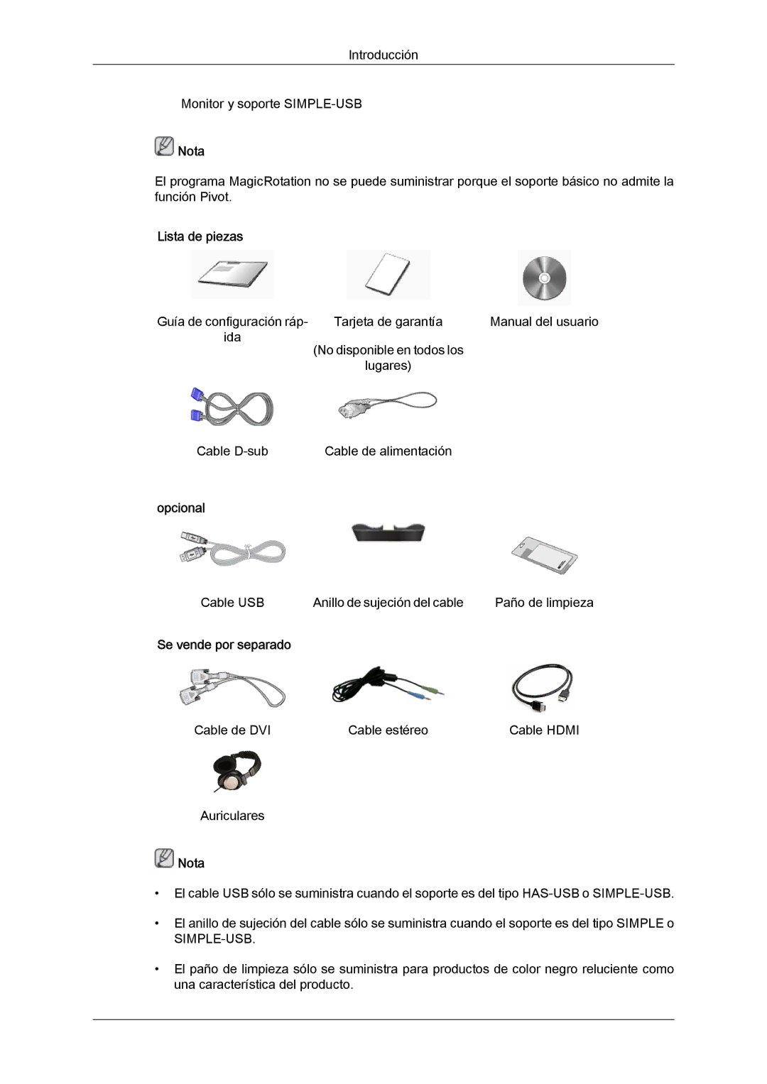 Samsung LS24KIQRFV/EDC, LS24KIVKBQ/EDC manual Cable USB Anillo de sujeción del cable Paño de limpieza 