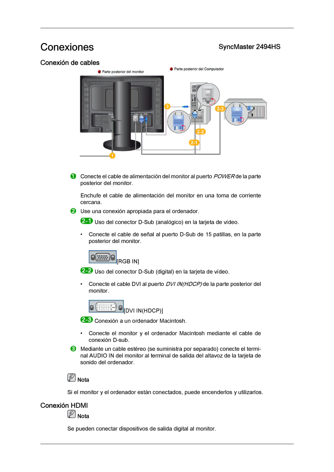 Samsung LS24KIQRFV/EDC, LS24KIVKBQ/EDC manual Conexiones, SyncMaster 2494HS Conexión de cables, Conexión Hdmi 