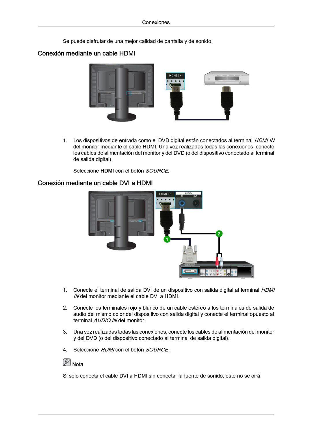 Samsung LS24KIVKBQ/EDC, LS24KIQRFV/EDC manual Conexión mediante un cable Hdmi, Conexión mediante un cable DVI a Hdmi 