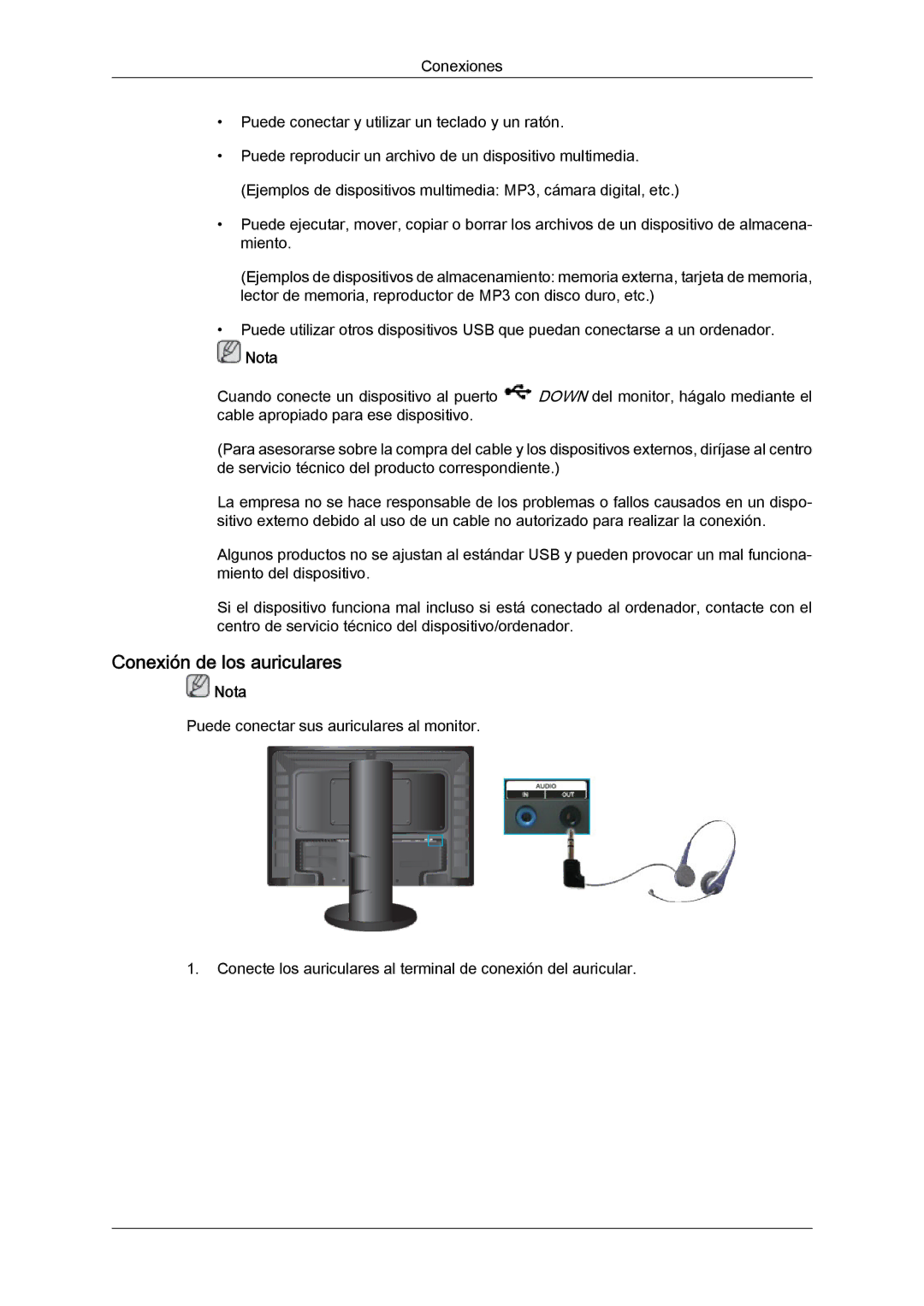 Samsung LS24KIVKBQ/EDC, LS24KIQRFV/EDC manual Conexión de los auriculares 