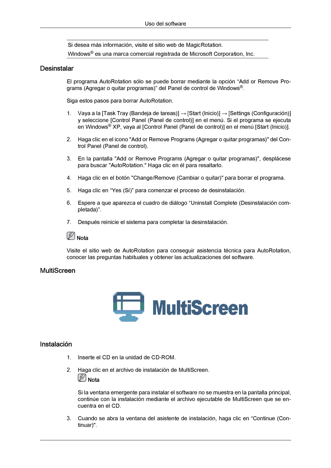 Samsung LS24KIVKBQ/EDC, LS24KIQRFV/EDC manual Desinstalar, MultiScreen Instalación 