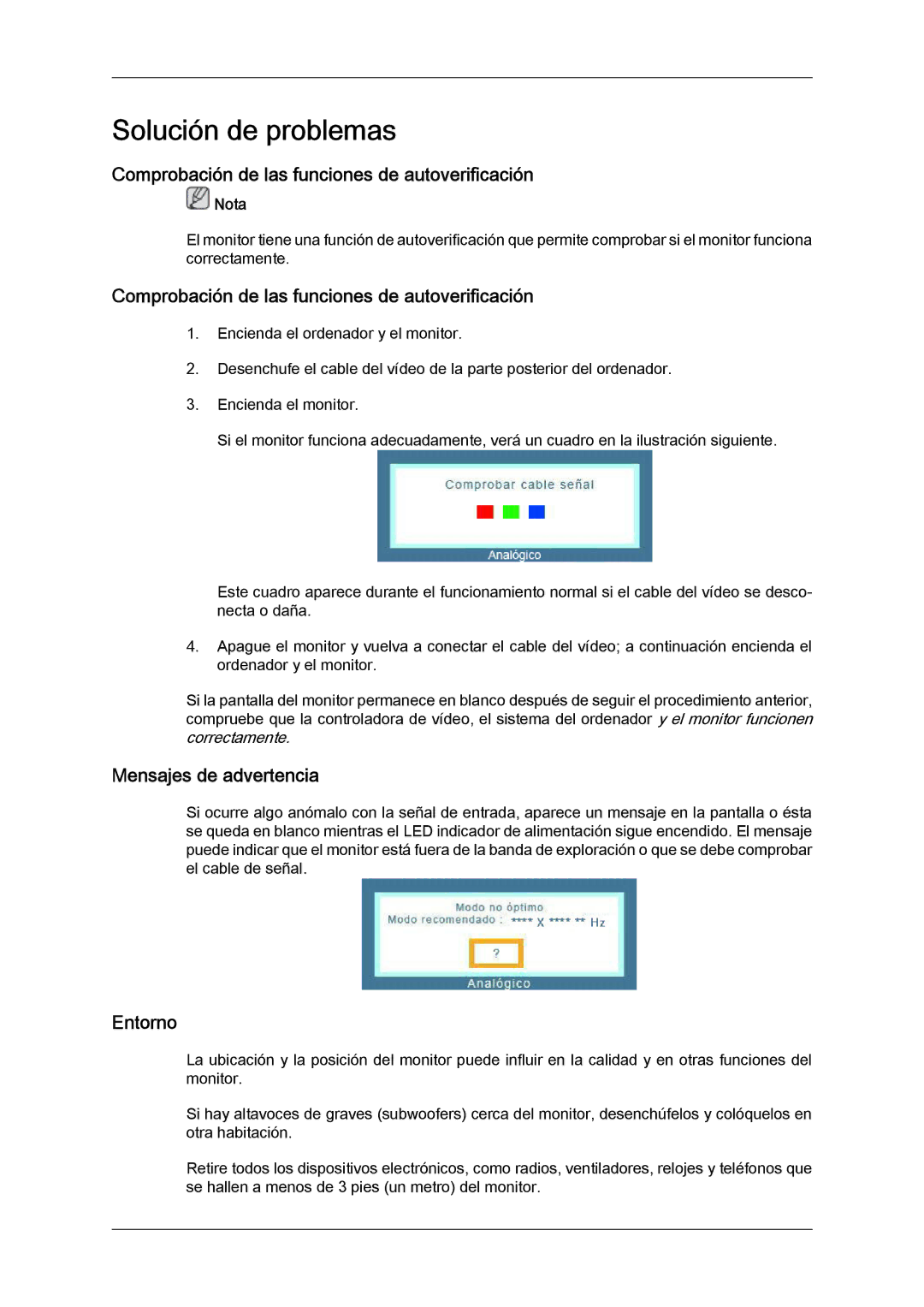 Samsung LS24KIVKBQ/EDC Solución de problemas, Comprobación de las funciones de autoverificación, Mensajes de advertencia 