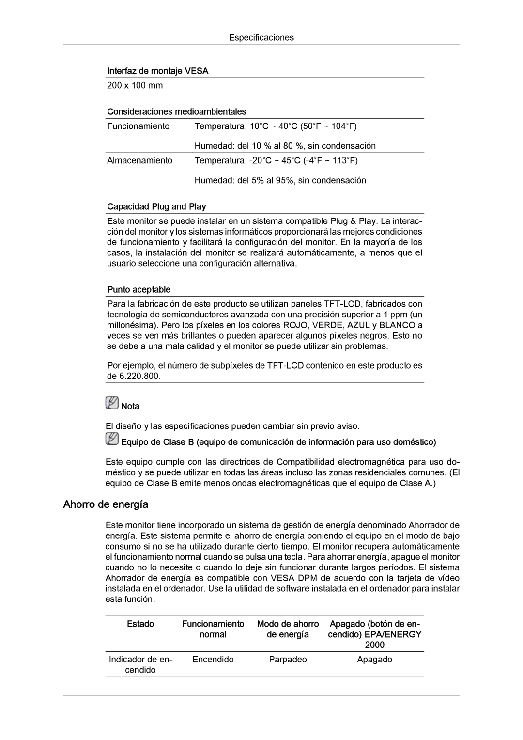 Samsung LS24KIQRFV/EDC, LS24KIVKBQ/EDC manual Interfaz de montaje Vesa, Indicador de en Encendido Parpadeo Apagado Cendido 