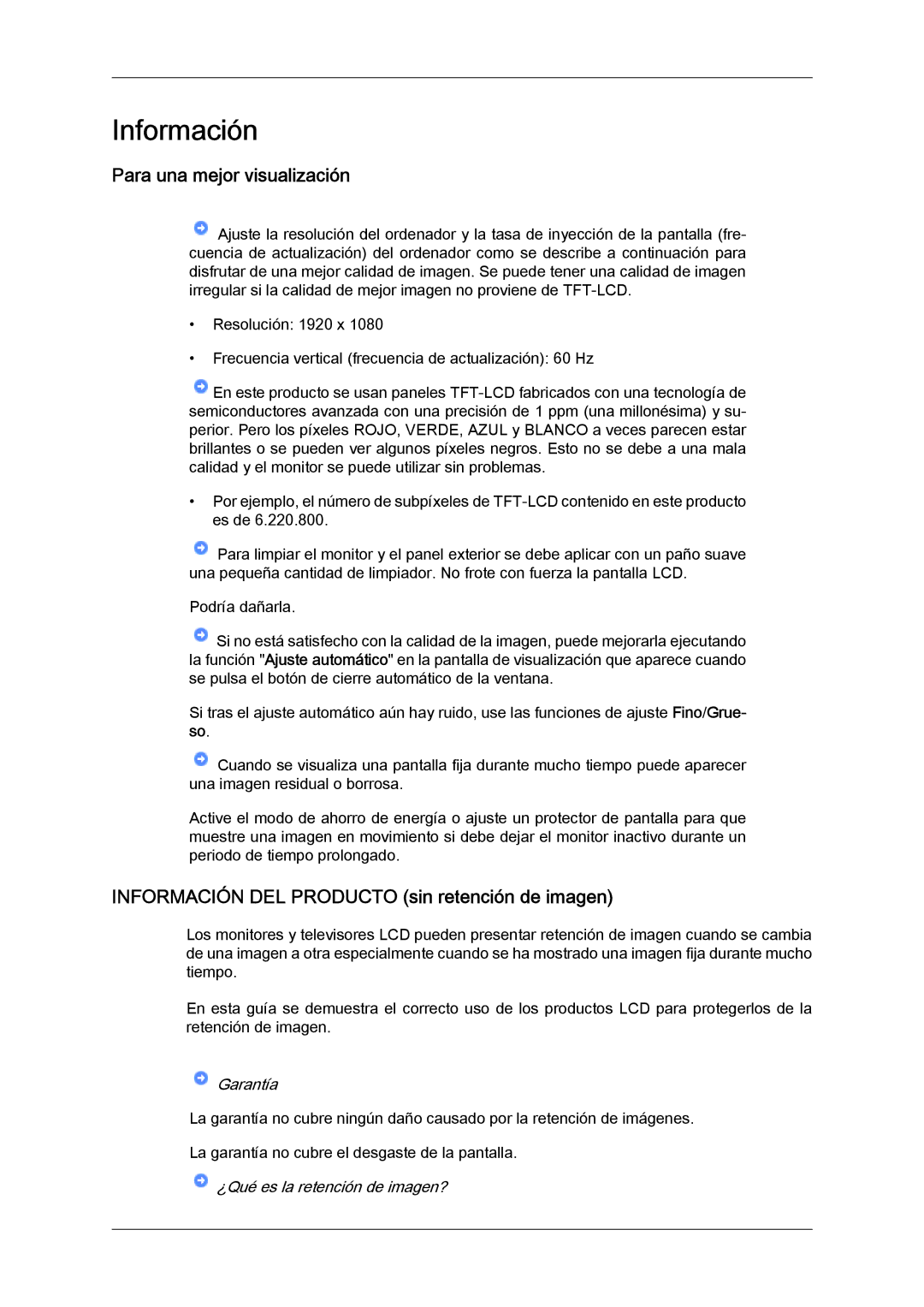 Samsung LS24KIQRFV/EDC, LS24KIVKBQ/EDC Para una mejor visualización, Información DEL Producto sin retención de imagen 