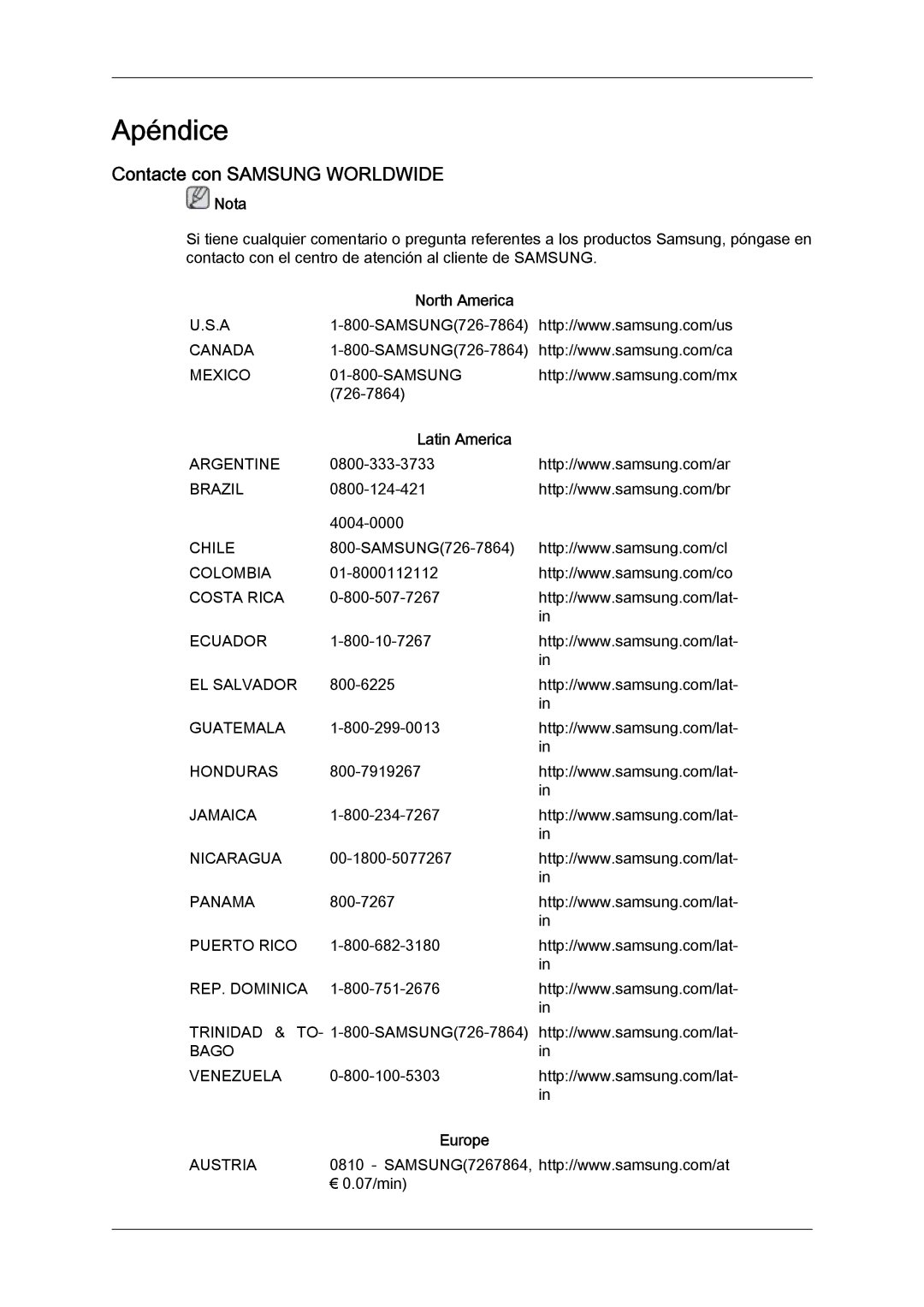 Samsung LS24KIQRFV/EDC, LS24KIVKBQ/EDC manual Apéndice, Contacte con Samsung Worldwide, North America, Latin America, Europe 