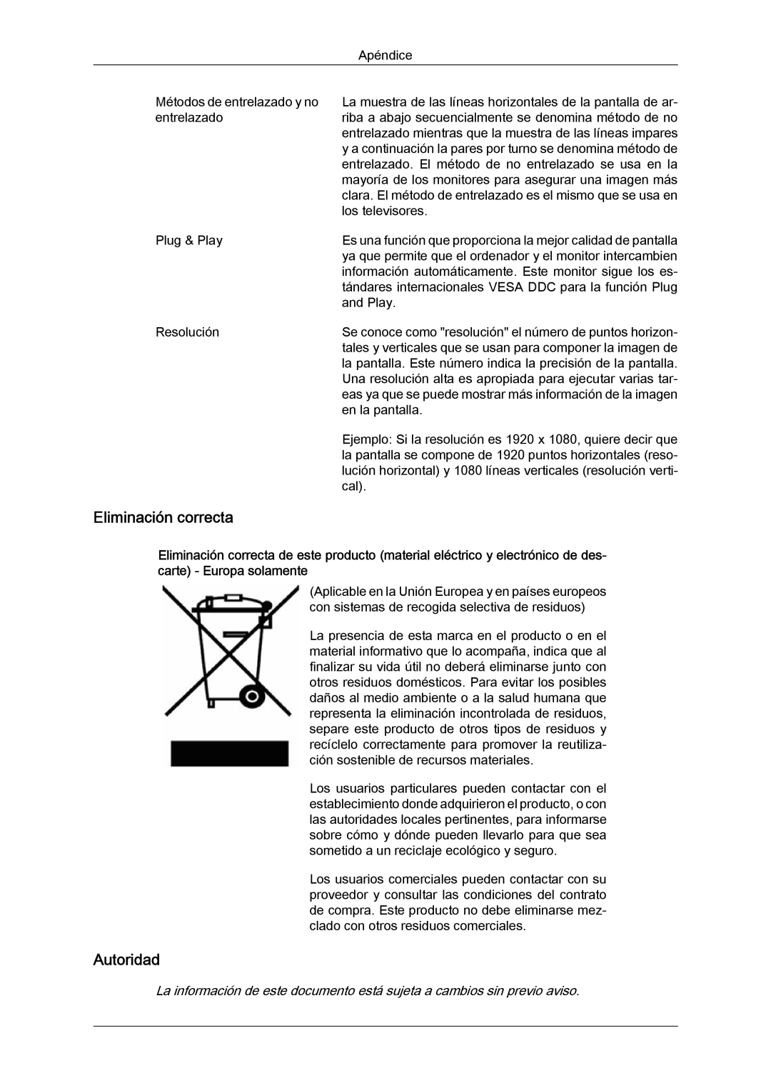 Samsung LS24KIVKBQ/EDC, LS24KIQRFV/EDC manual Eliminación correcta, Autoridad 