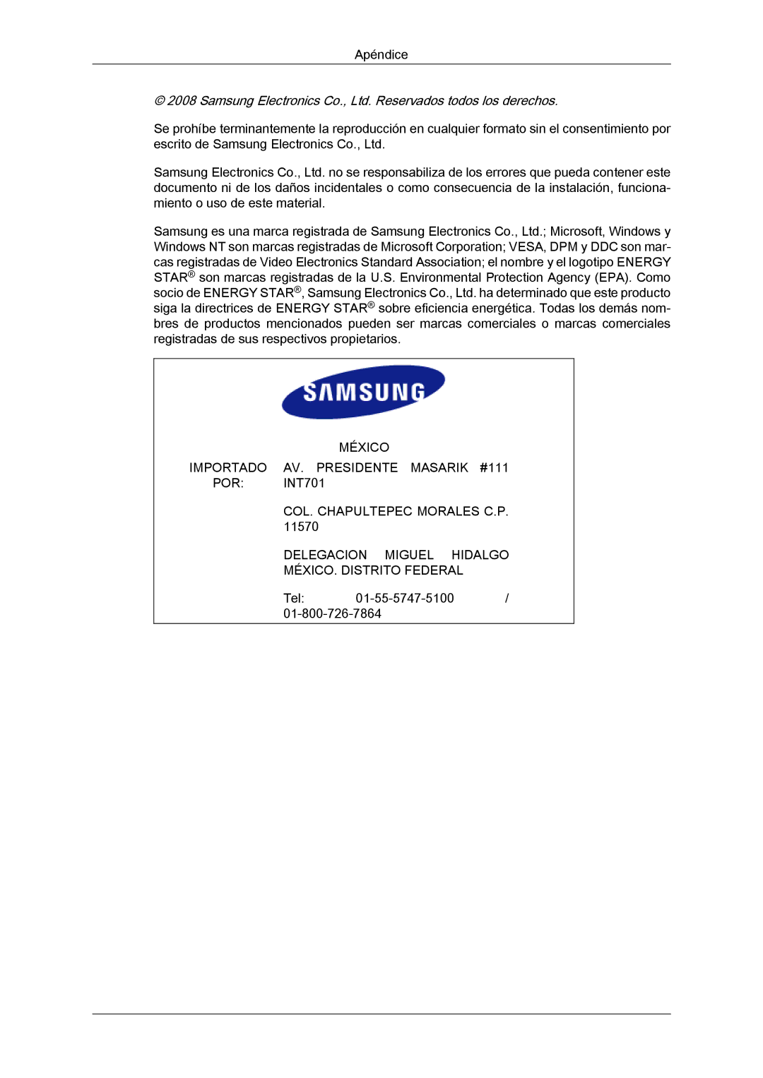 Samsung LS24KIQRFV/EDC, LS24KIVKBQ/EDC manual Tel 01-55-5747-5100 01-800-726-7864 