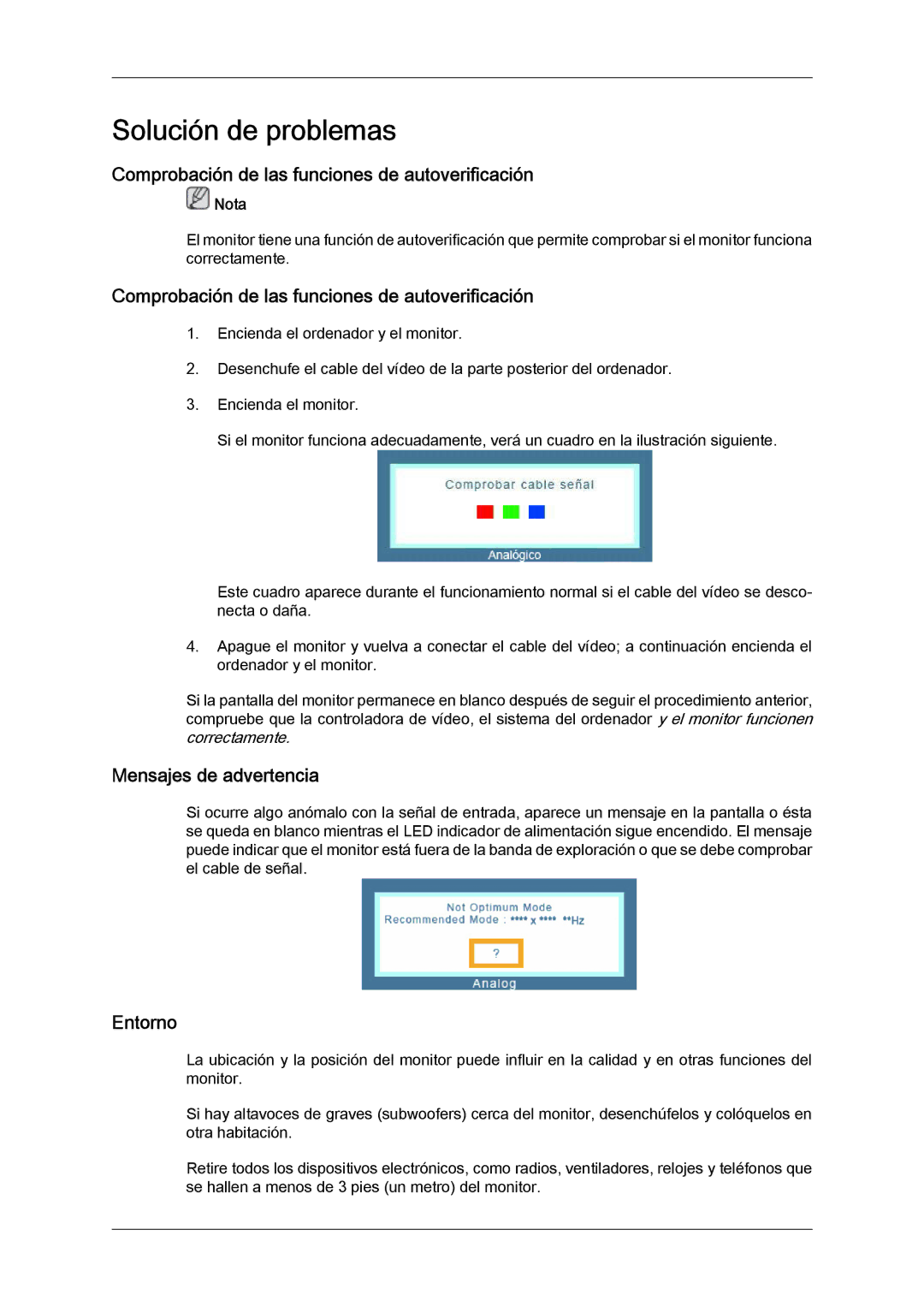 Samsung LS24KIQRFV/EDC, LS24KIVKBQ/EDC Comprobación de las funciones de autoverificación, Mensajes de advertencia, Entorno 