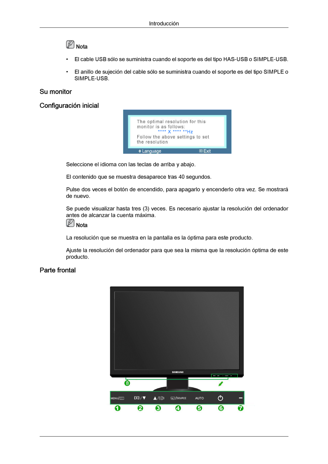 Samsung LS24KIQRFV/EDC, LS24KIVKBQ/EDC manual Su monitor Configuración inicial, Parte frontal 