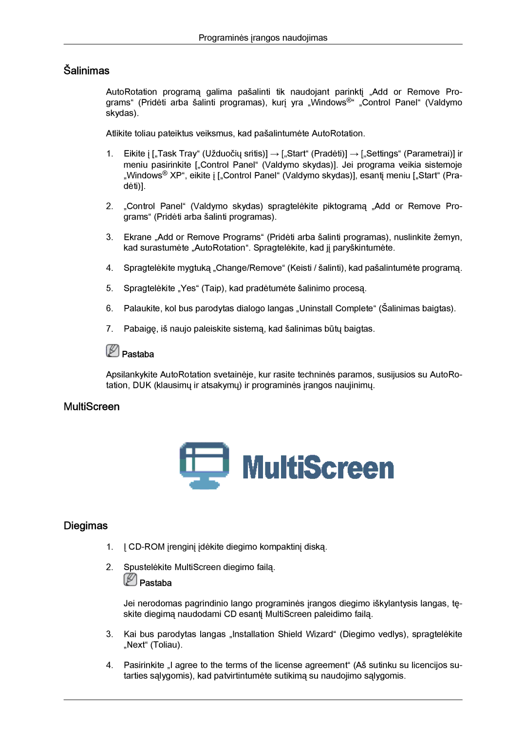 Samsung LS24KIVKBQ/EDC, LS24KIQRFV/EDC manual Šalinimas, MultiScreen Diegimas 