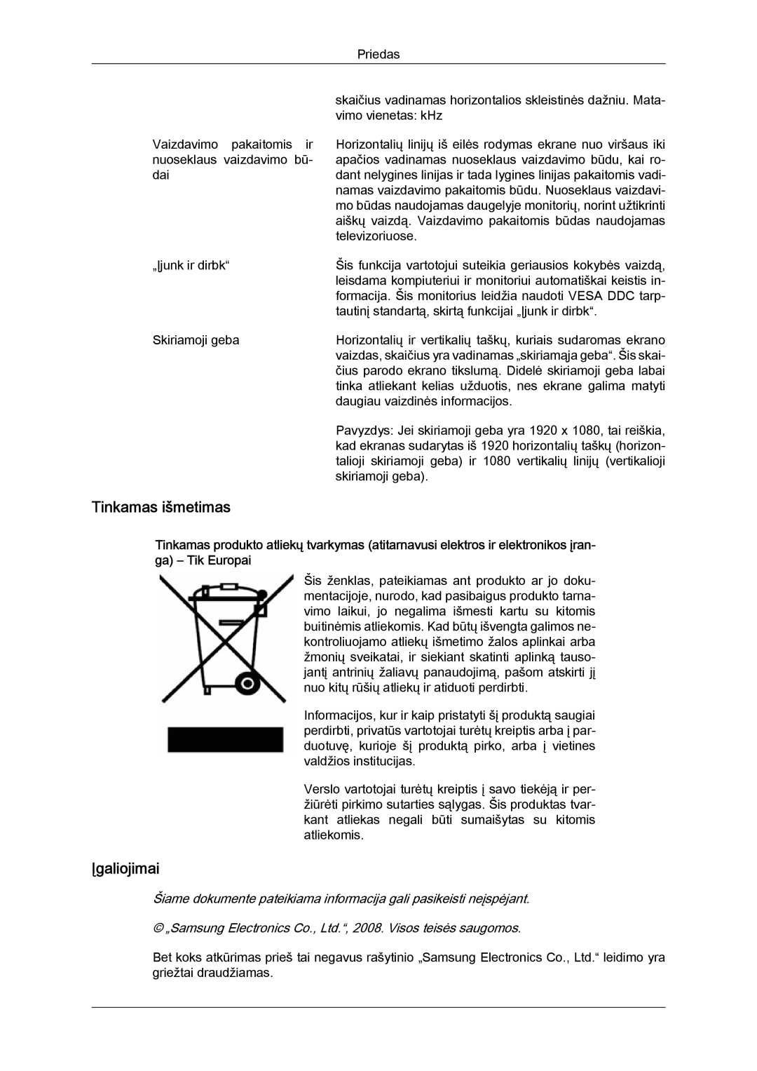 Samsung LS24KIVKBQ/EDC, LS24KIQRFV/EDC manual Tinkamas išmetimas, Įgaliojimai 