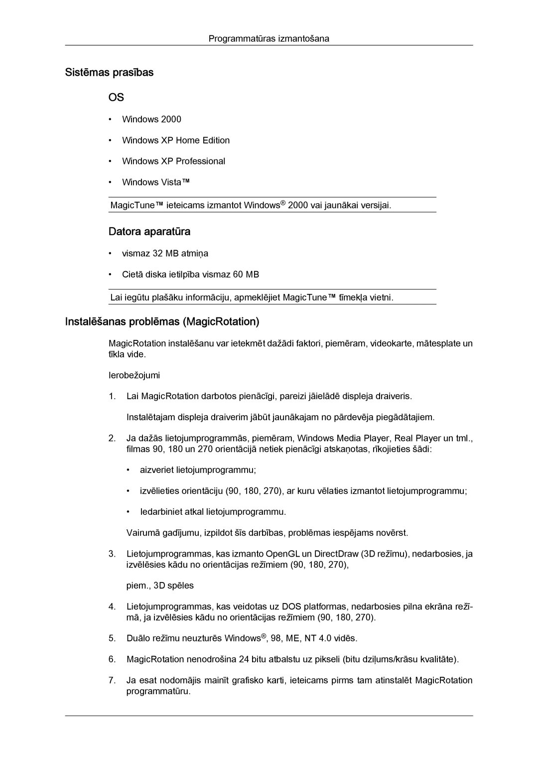 Samsung LS24KIVKBQ/EDC, LS24KIQRFV/EDC manual Sistēmas prasības, Datora aparatūra, Instalēšanas problēmas MagicRotation 