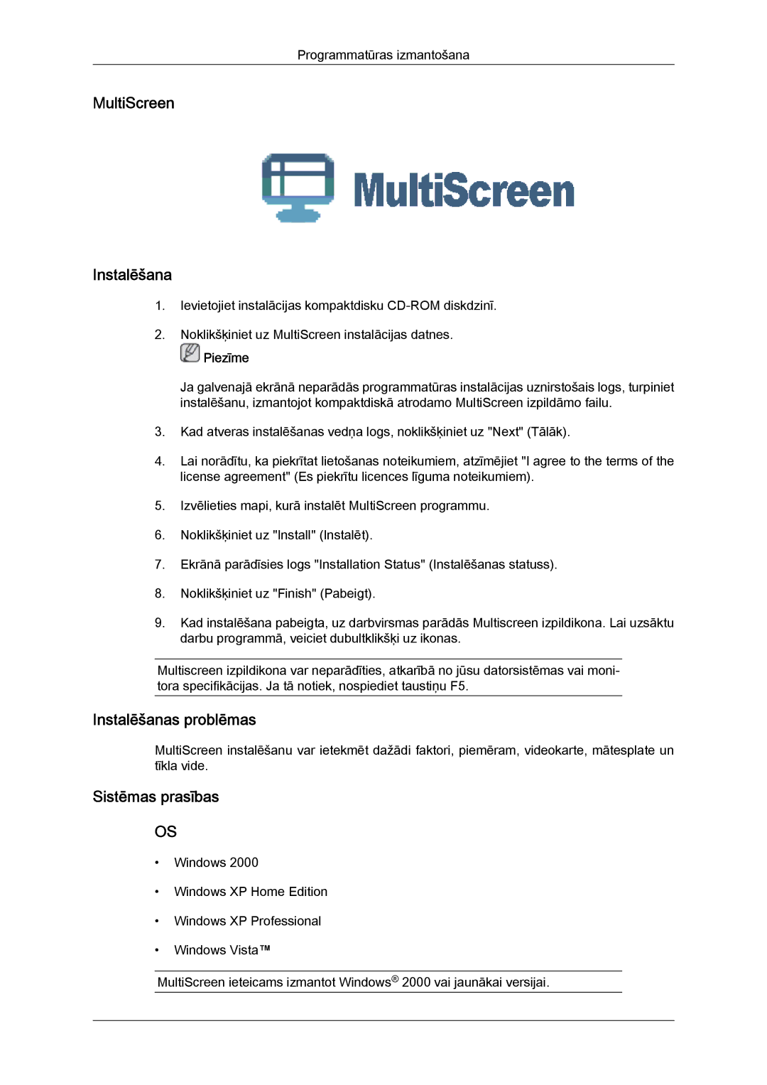 Samsung LS24KIVKBQ/EDC, LS24KIQRFV/EDC manual MultiScreen Instalēšana, Instalēšanas problēmas 