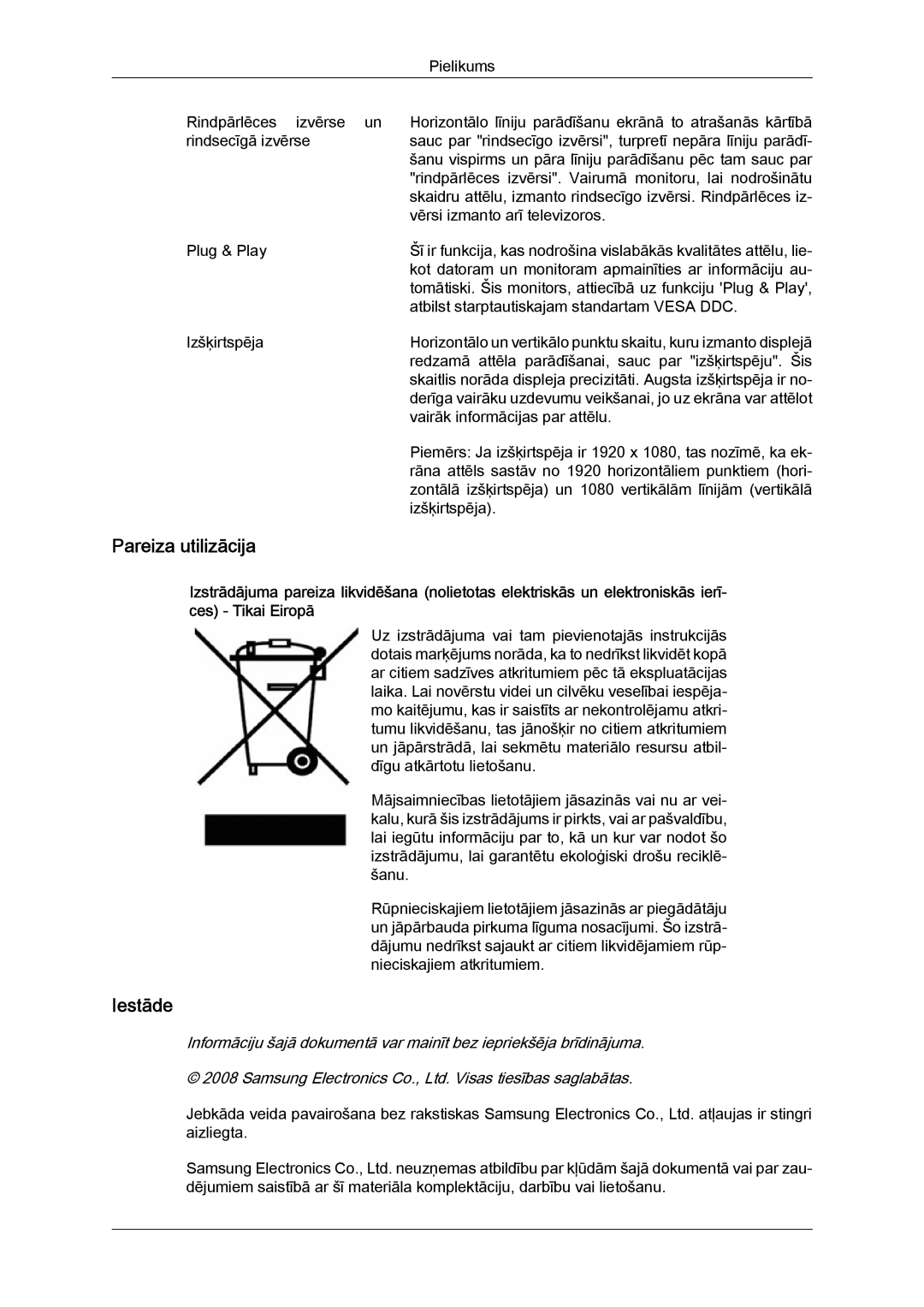 Samsung LS24KIQRFV/EDC, LS24KIVKBQ/EDC manual Pareiza utilizācija, Iestāde 