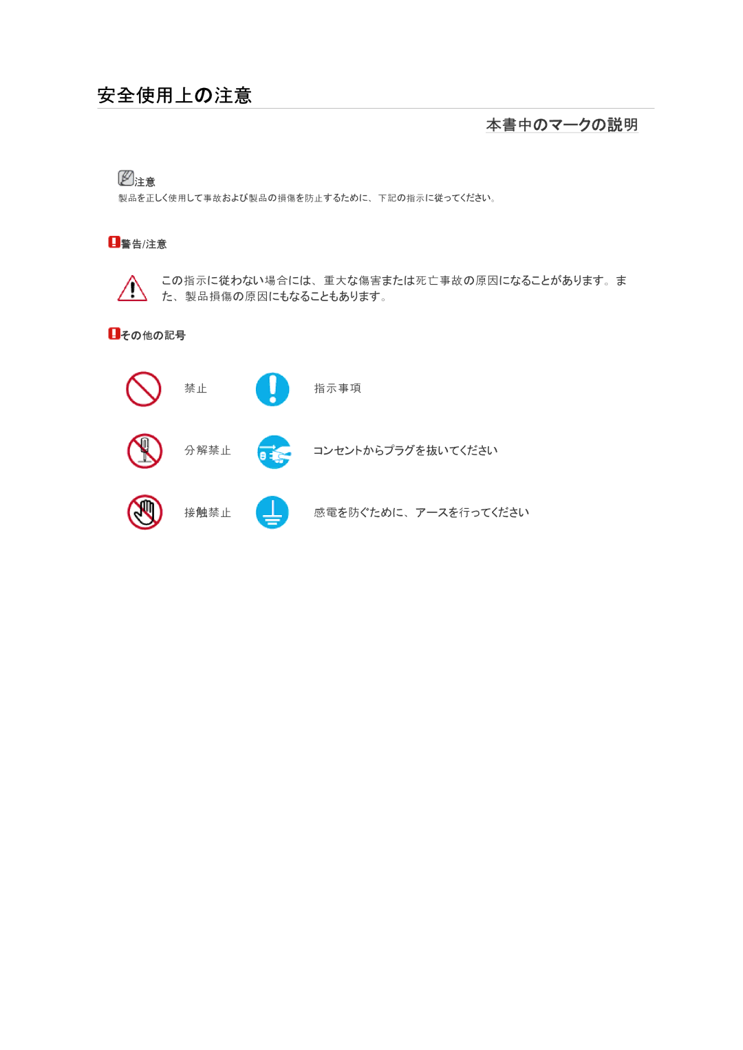 Samsung LS24KIQRFV/XJ manual 本書中のマークの説明, 禁止指示事項 分解禁止コンセントからプラグを抜いてください 接触禁止感電を防ぐために、アースを行ってください 