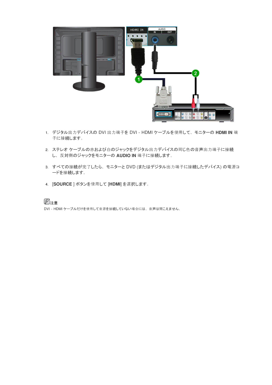 Samsung LS24KIQRFV/XJ manual DVI ‐ Hdmi ケーブルだけを使用して音源を接続していない場合には、音声は聞こえません。 