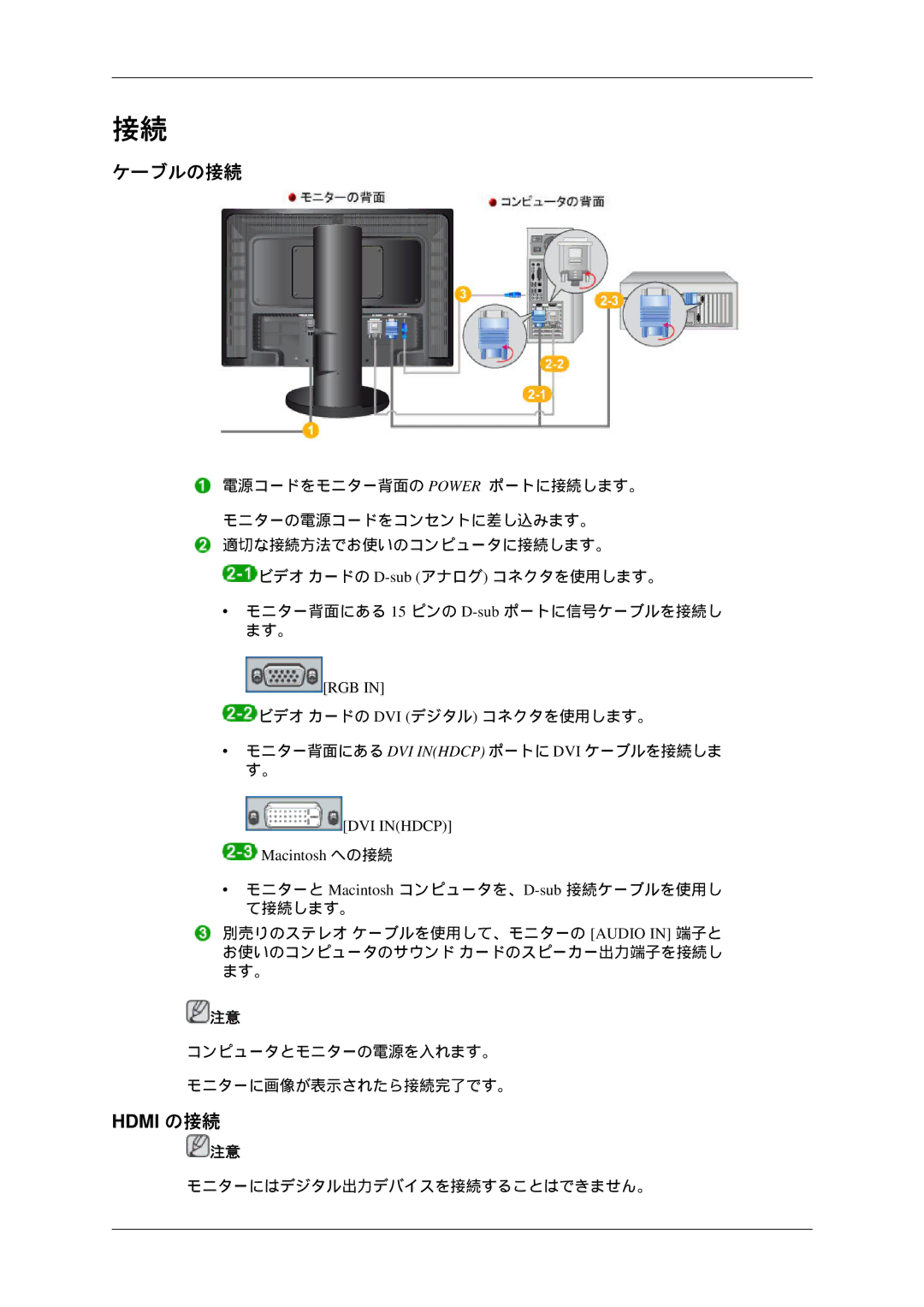 Samsung LS24KIVKBQ/XJ manual ケーブルの接続, Hdmi の接続, Macintosh への接続 