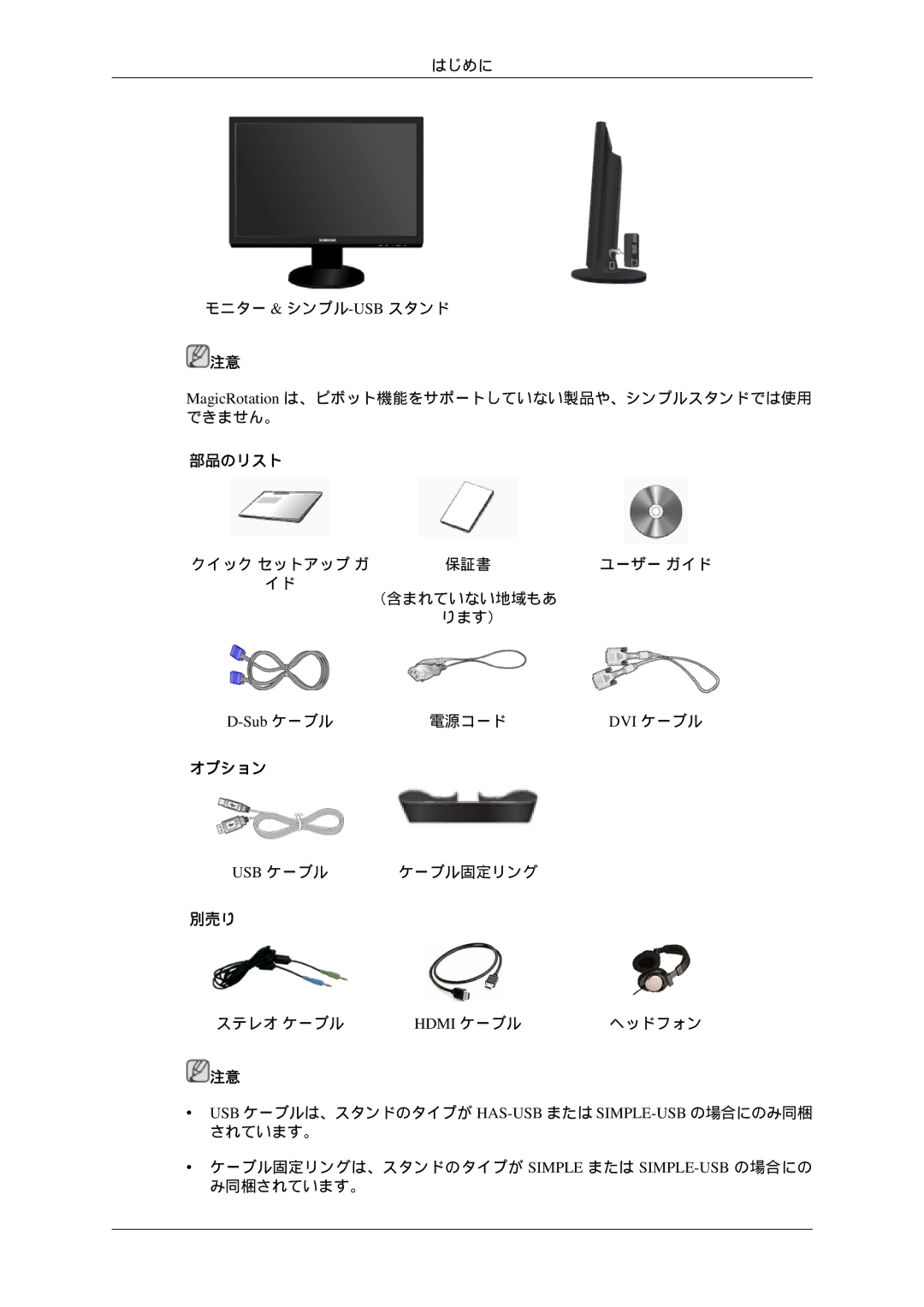 Samsung LS24KIVKBQ/XJ manual Sub ケーブル, Dvi ケーブル, Usb ケーブル, Hdmi ケーブル 