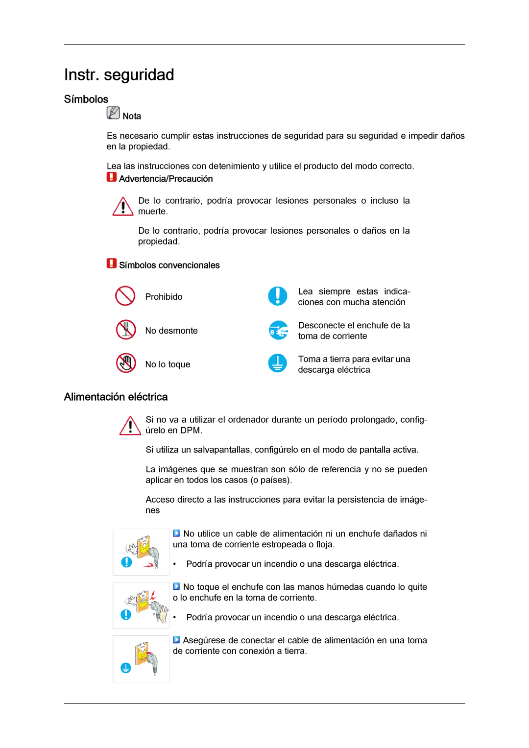 Samsung LS24KILKBQ/CH, LS24KIZKFV/EN, LS24KILKBQ/EN manual Instr. seguridad, Símbolos, Alimentación eléctrica 