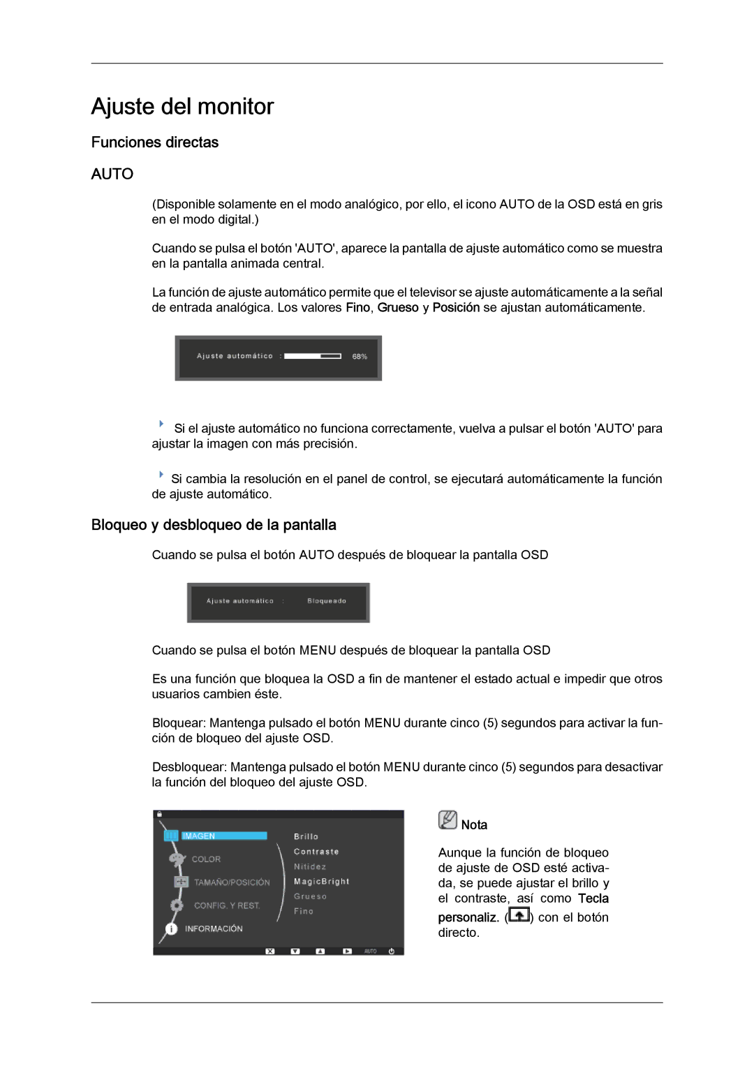 Samsung LS24KIZKFV/EN, LS24KILKBQ/EN manual Ajuste del monitor, Funciones directas, Bloqueo y desbloqueo de la pantalla 