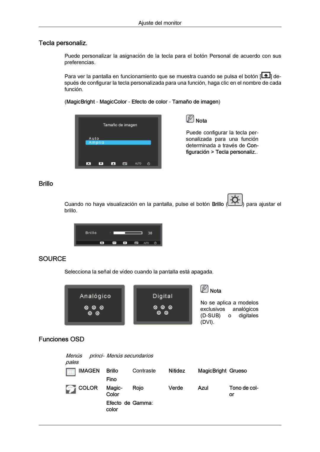 Samsung LS24KILKBQ/EN, LS24KIZKFV/EN, LS24KILKBQ/CH manual Tecla personaliz, Brillo, Funciones OSD 