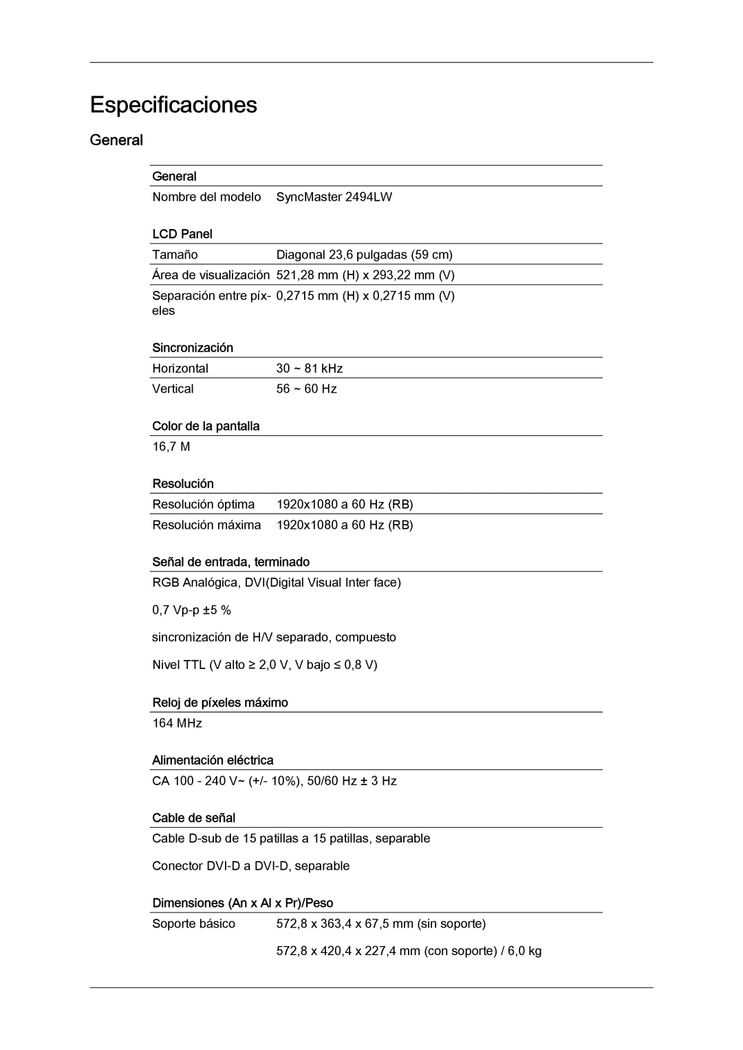 Samsung LS24KILKBQ/CH, LS24KIZKFV/EN, LS24KILKBQ/EN manual Especificaciones, General 