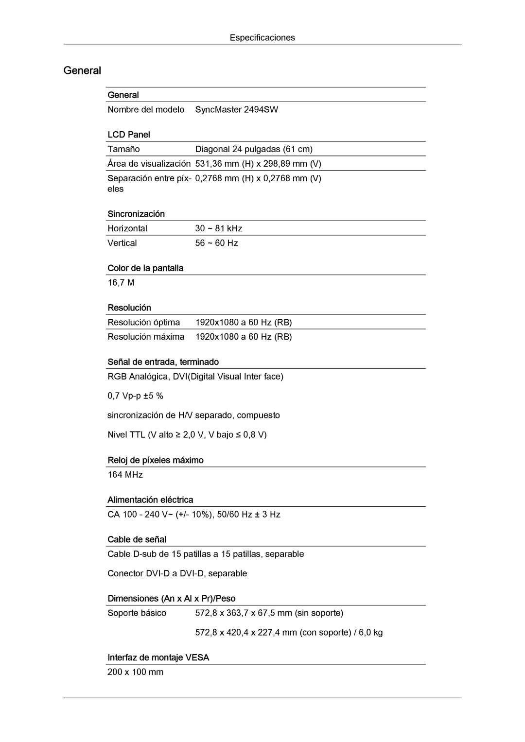 Samsung LS24KILKBQ/CH, LS24KIZKFV/EN, LS24KILKBQ/EN manual Nombre del modelo SyncMaster 2494SW 