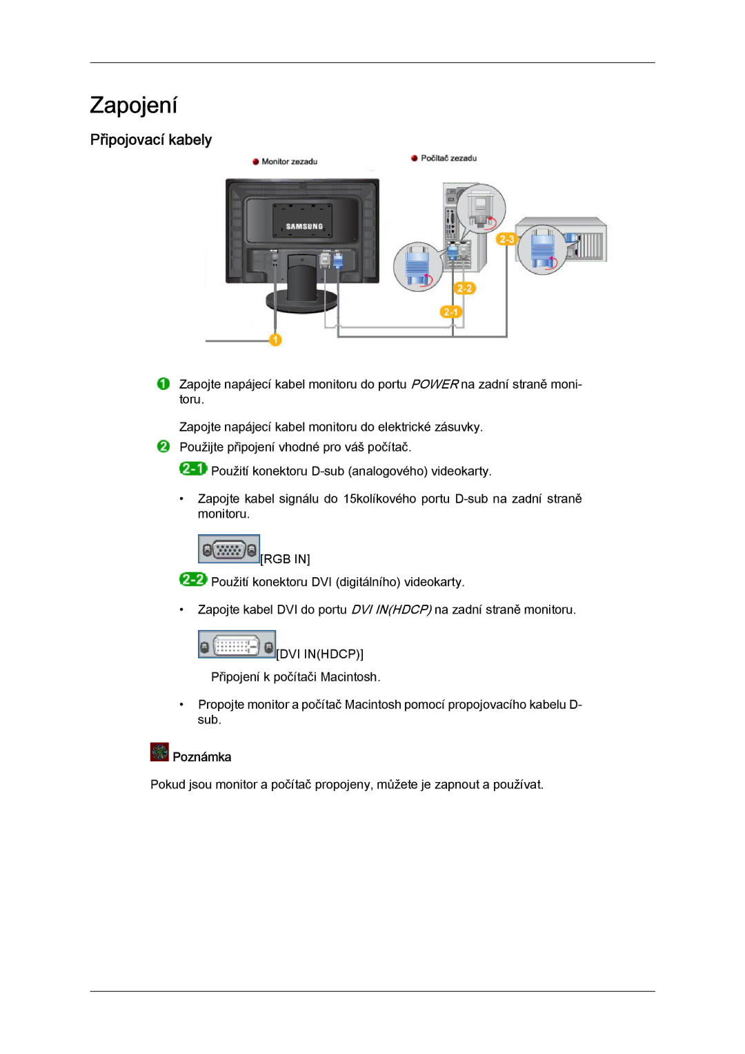 Samsung LS24KIZKFV/EN, LS24KILKBQ/EN, LS24KILKBQ/CH manual Zapojení, Připojovací kabely 