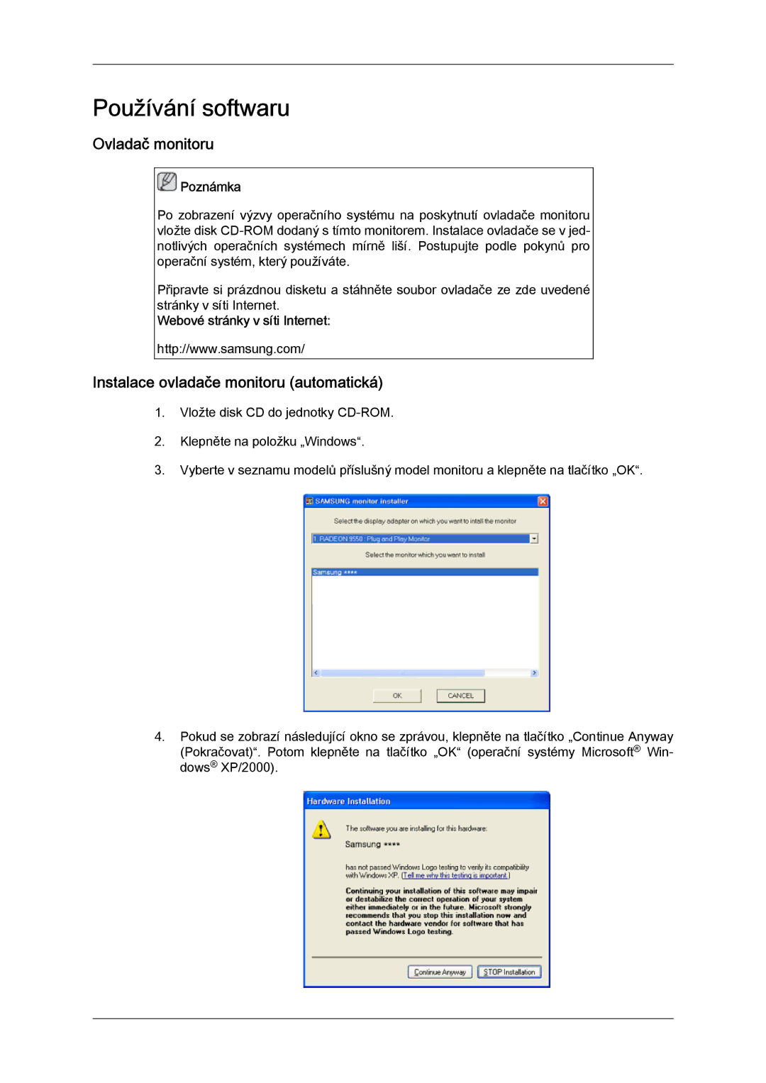 Samsung LS24KIZKFV/EN, LS24KILKBQ/EN manual Používání softwaru, Ovladač monitoru, Instalace ovladače monitoru automatická 