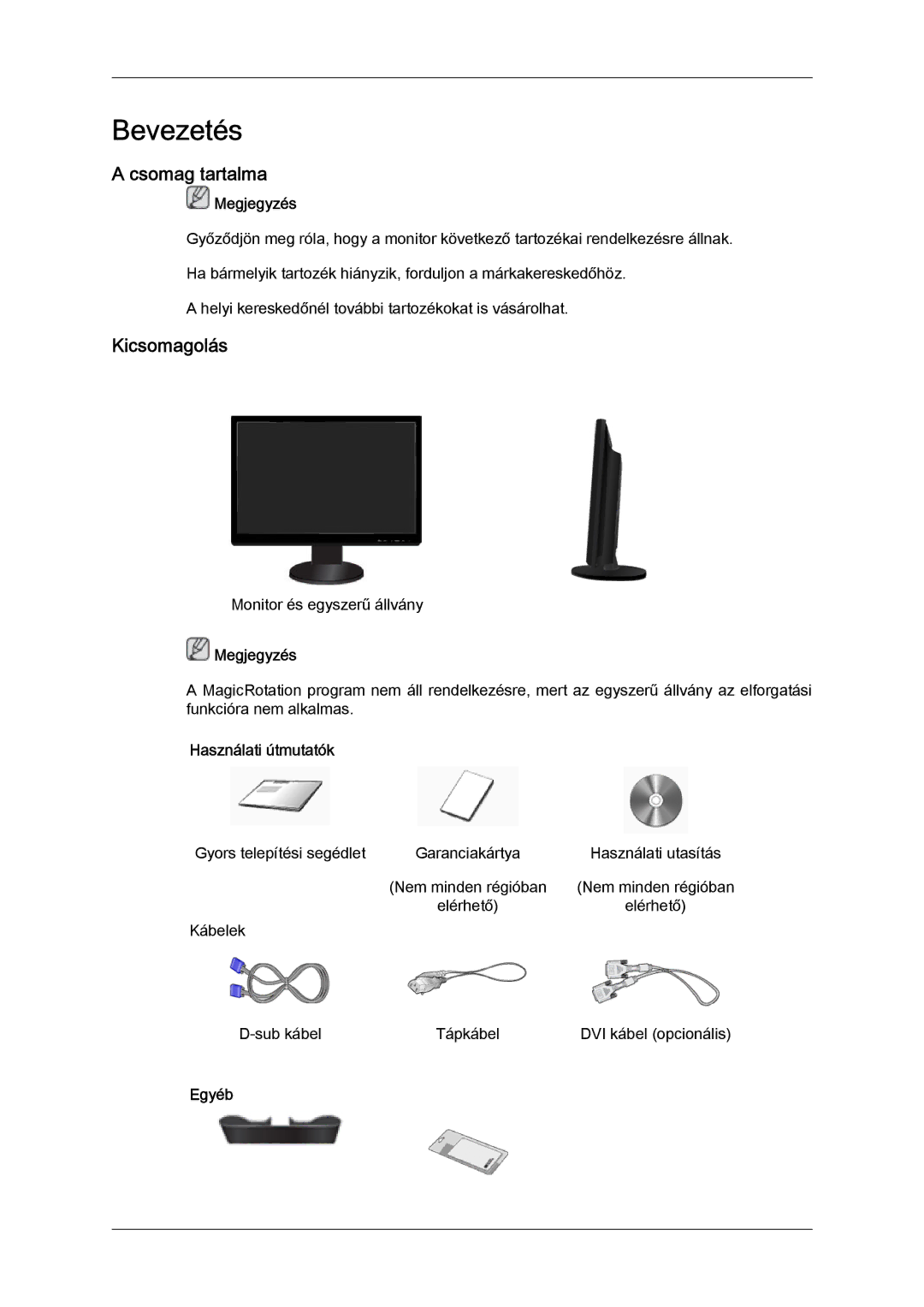 Samsung LS24KILKBQ/EN, LS24KIZKFV/EN, LS24KILKBQ/CH Bevezetés, Csomag tartalma, Kicsomagolás, Használati útmutatók, Egyéb 