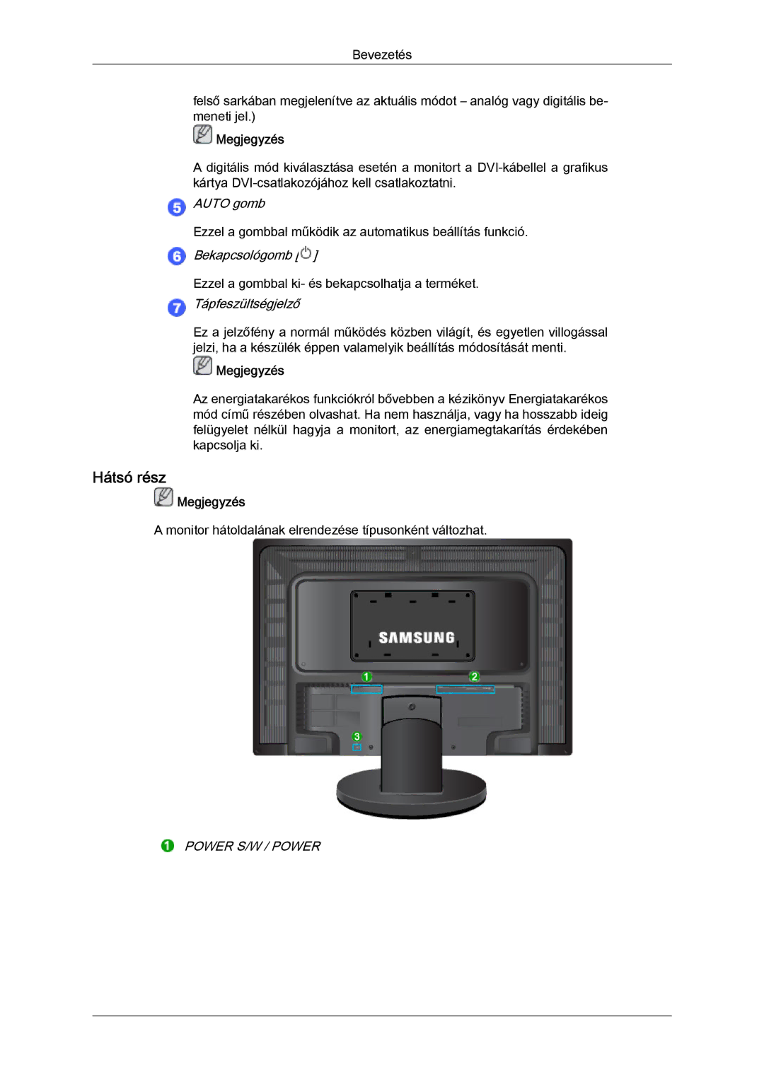 Samsung LS24KILKBQ/EN, LS24KIZKFV/EN, LS24KILKBQ/CH manual Hátsó rész, Tápfeszültségjelző 