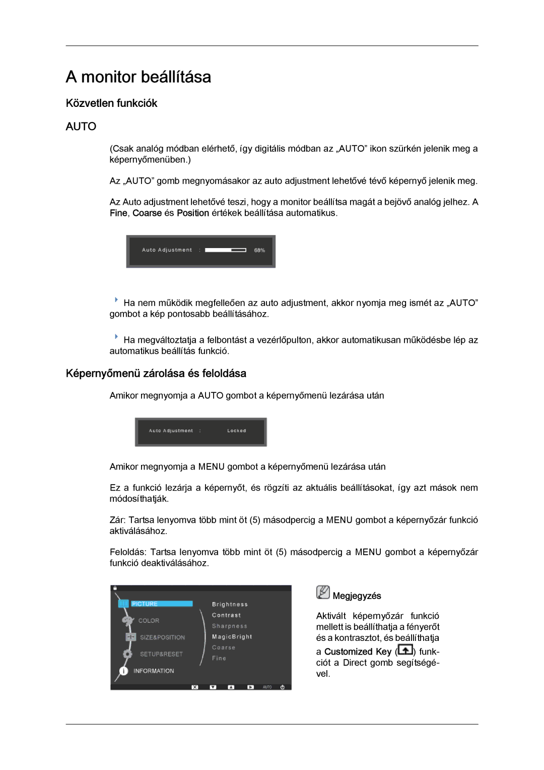 Samsung LS24KIZKFV/EN, LS24KILKBQ/EN manual Monitor beállítása, Közvetlen funkciók, Képernyőmenü zárolása és feloldása 