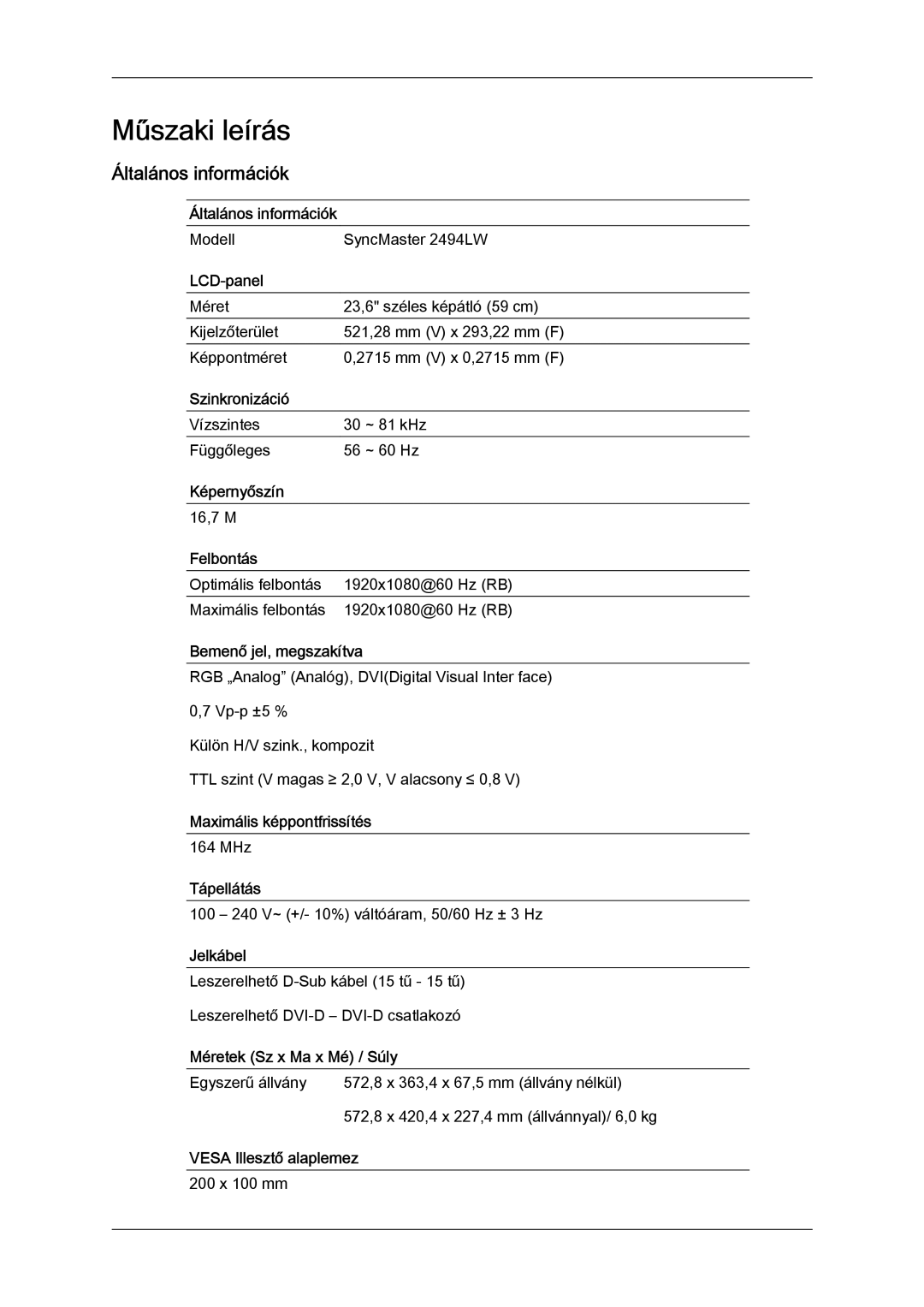 Samsung LS24KILKBQ/EN, LS24KIZKFV/EN, LS24KILKBQ/CH manual Műszaki leírás, Általános információk 