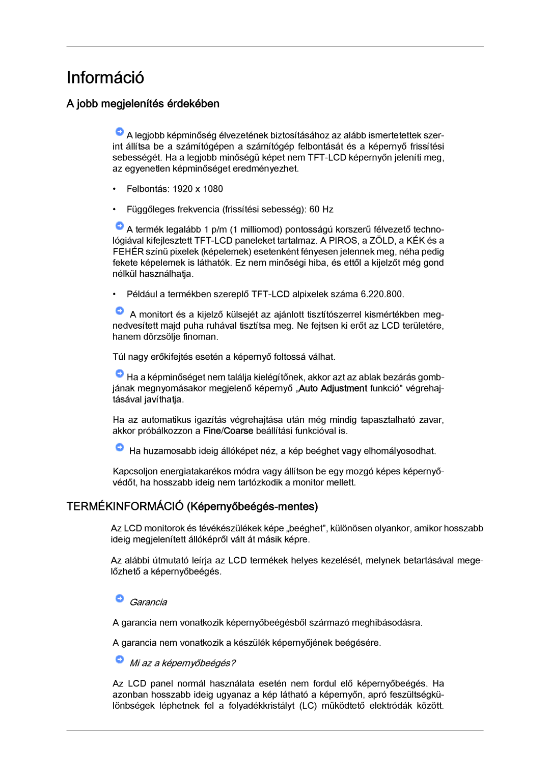 Samsung LS24KILKBQ/EN, LS24KIZKFV/EN manual Információ, Jobb megjelenítés érdekében, Termékinformáció Képernyőbeégés-mentes 