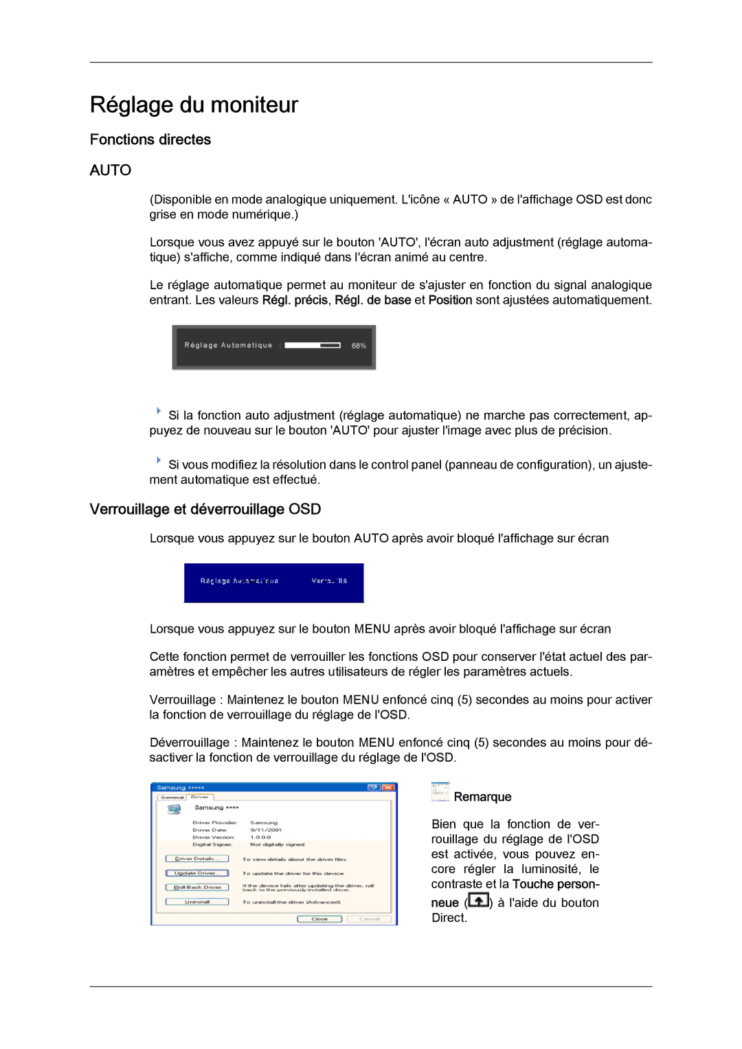 Samsung LS24KILKBQ/EN, LS24KIZKFV/EN manual Réglage du moniteur, Fonctions directes, Verrouillage et déverrouillage OSD 