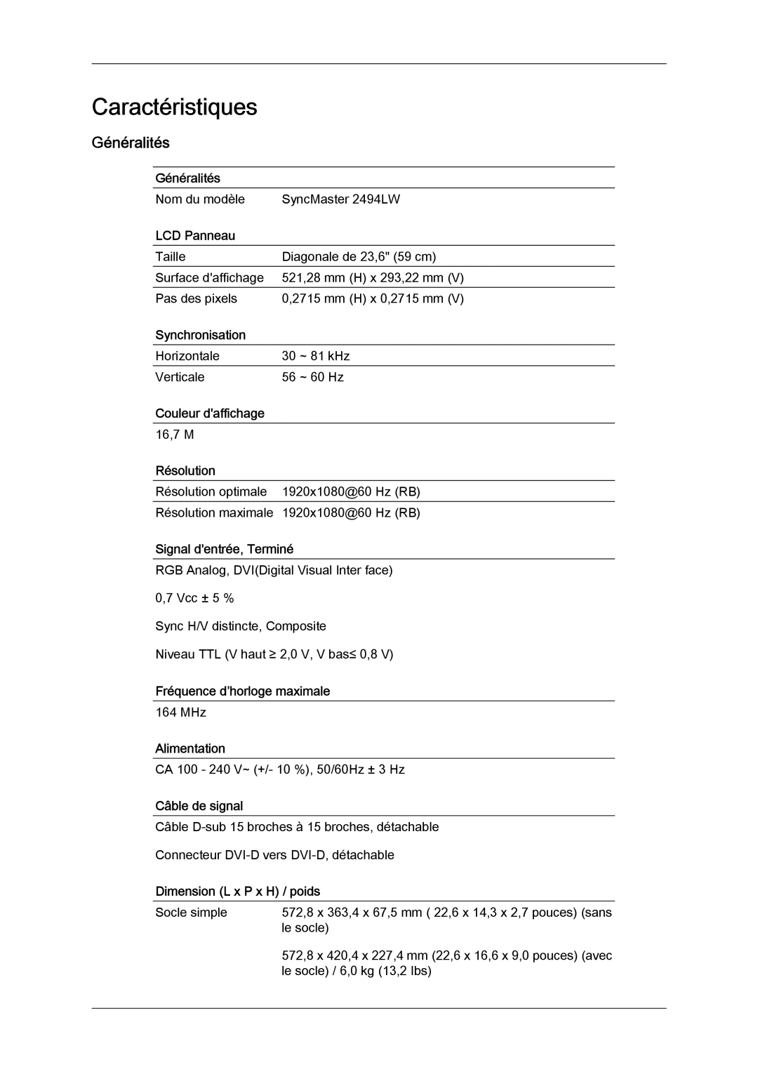 Samsung LS24KIZKFV/EN, LS24KILKBQ/EN manual Caractéristiques, Généralités 