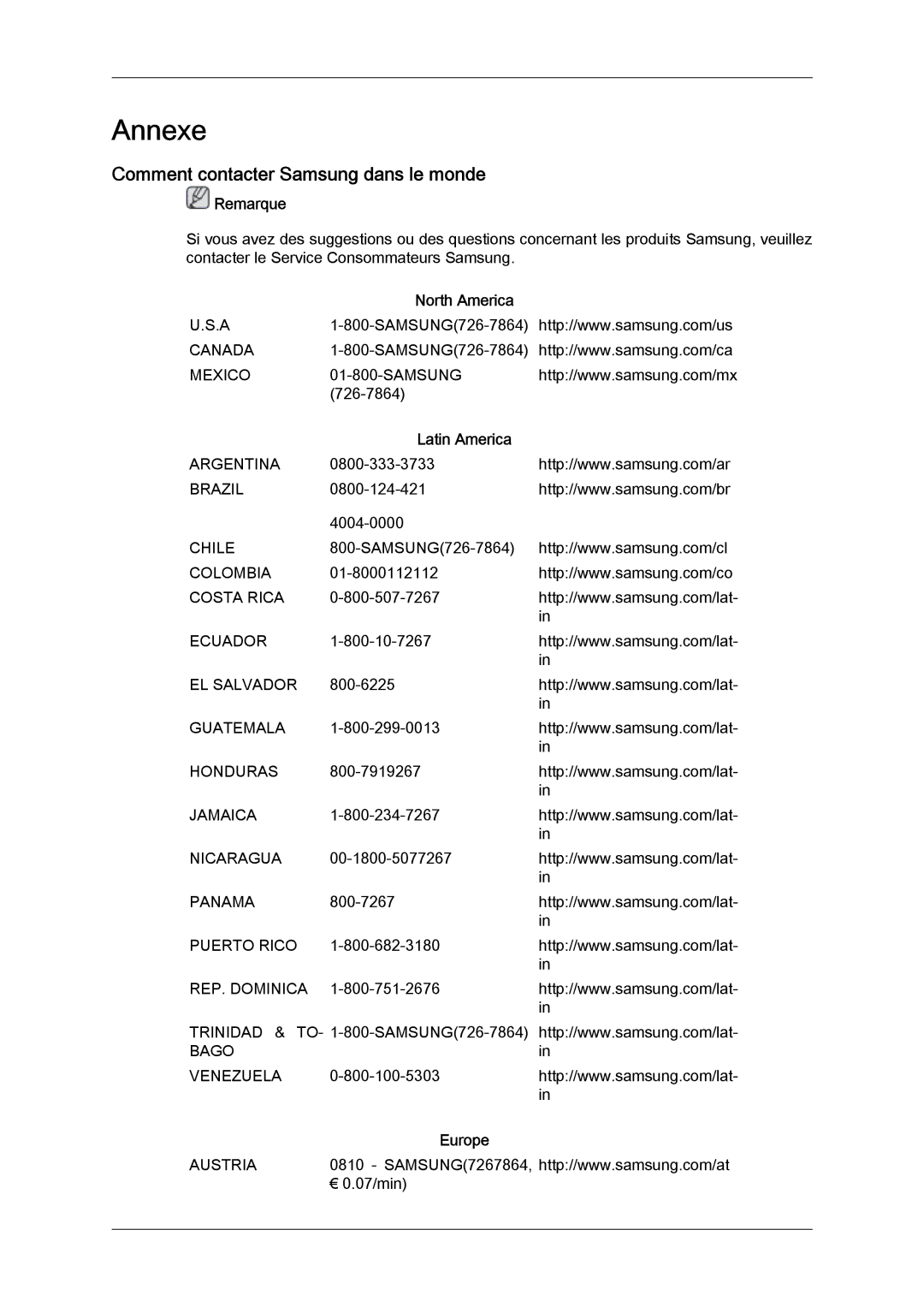 Samsung LS24KIZKFV/EN, LS24KILKBQ/EN Annexe, Comment contacter Samsung dans le monde, North America, Latin America, Europe 