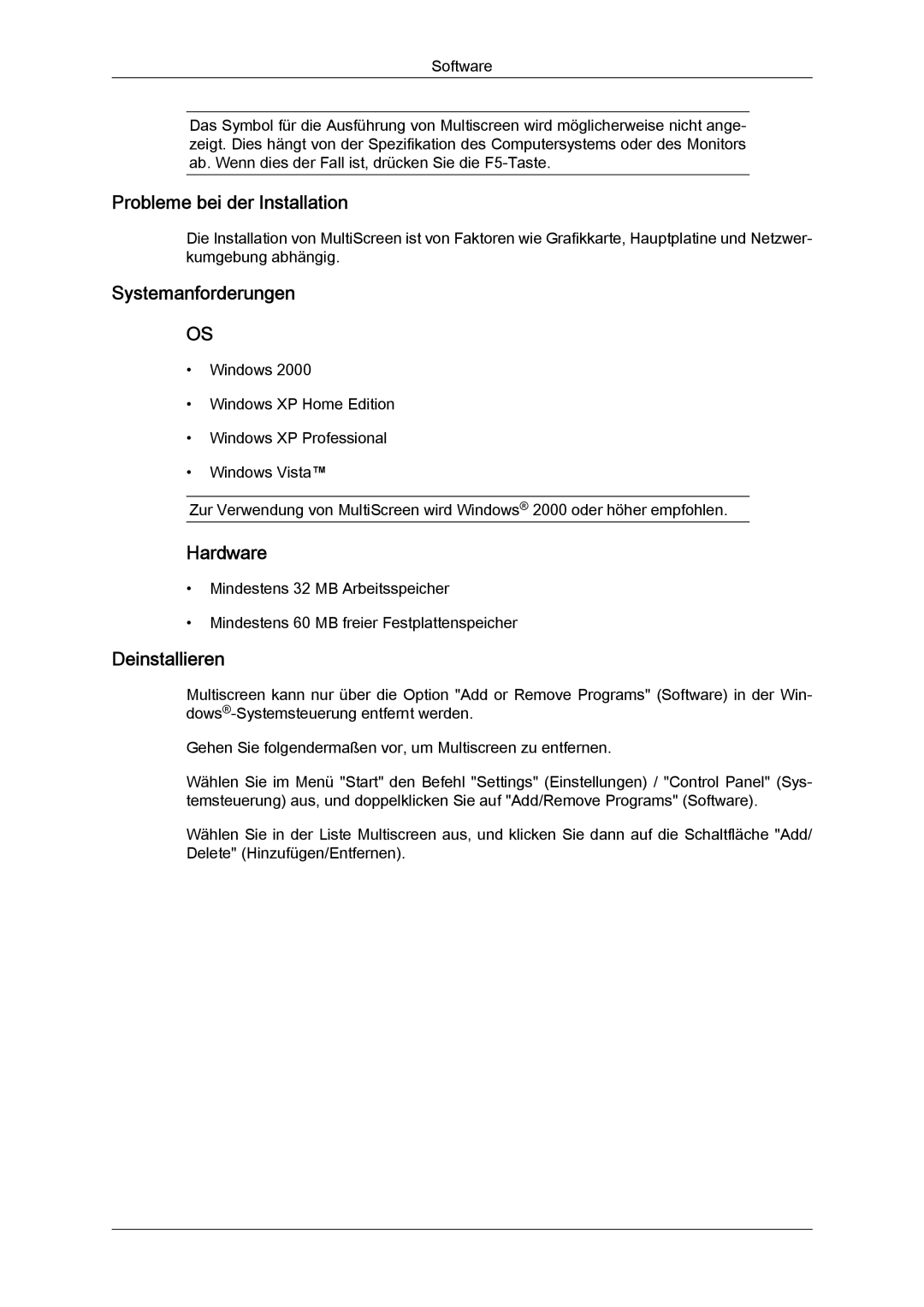 Samsung LS24KILKBQ/EN, LS24KIZKFV/EN manual Probleme bei der Installation, Systemanforderungen, Hardware, Deinstallieren 