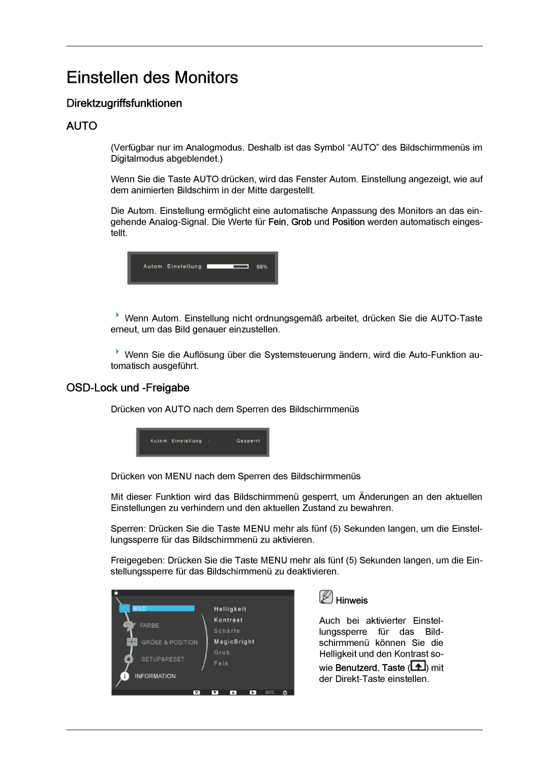 Samsung LS24KIZKFV/EN, LS24KILKBQ/EN manual Einstellen des Monitors, Direktzugriffsfunktionen, OSD-Lock und -Freigabe 