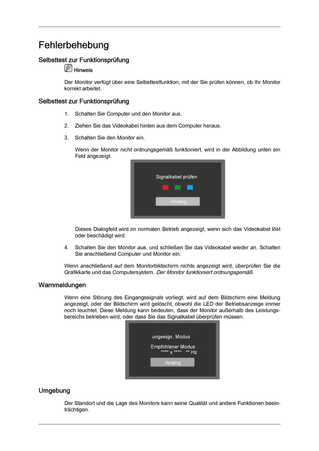 Samsung LS24KIZKFV/EN, LS24KILKBQ/EN manual Fehlerbehebung, Selbsttest zur Funktionsprüfung, Warnmeldungen, Umgebung 