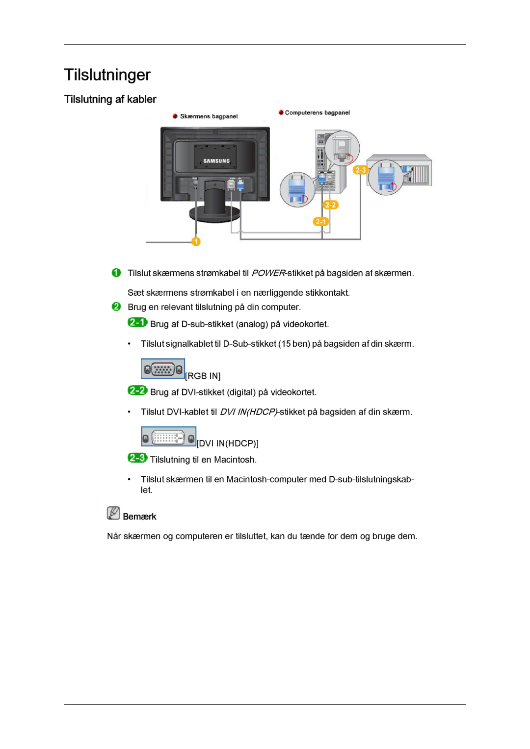 Samsung LS24KILKBQ/EN, LS24KIZKFV/EN manual Tilslutninger, Tilslutning af kabler 