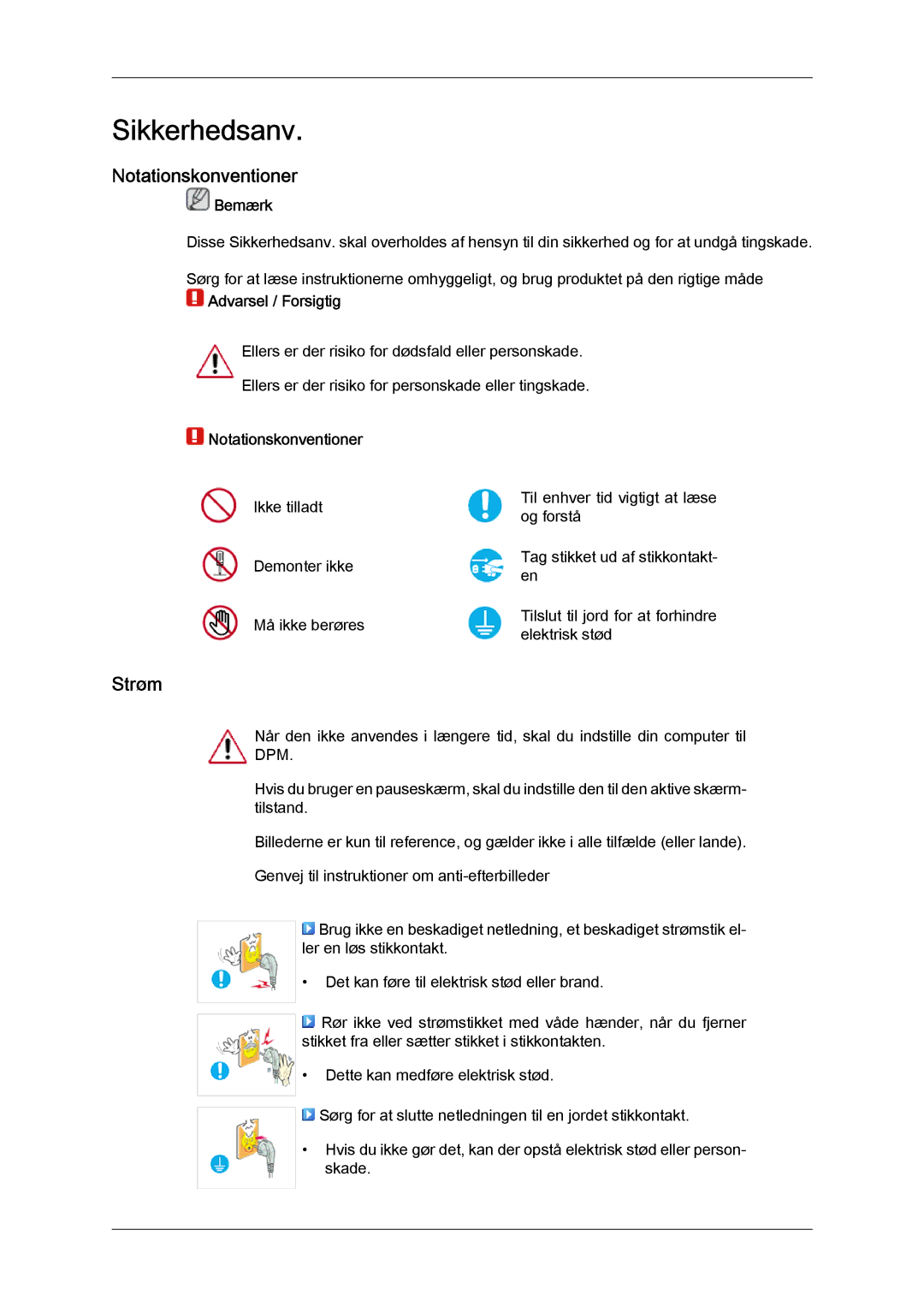 Samsung LS24KIZKFV/EN, LS24KILKBQ/EN manual Sikkerhedsanv, Notationskonventioner, Strøm, Bemærk 