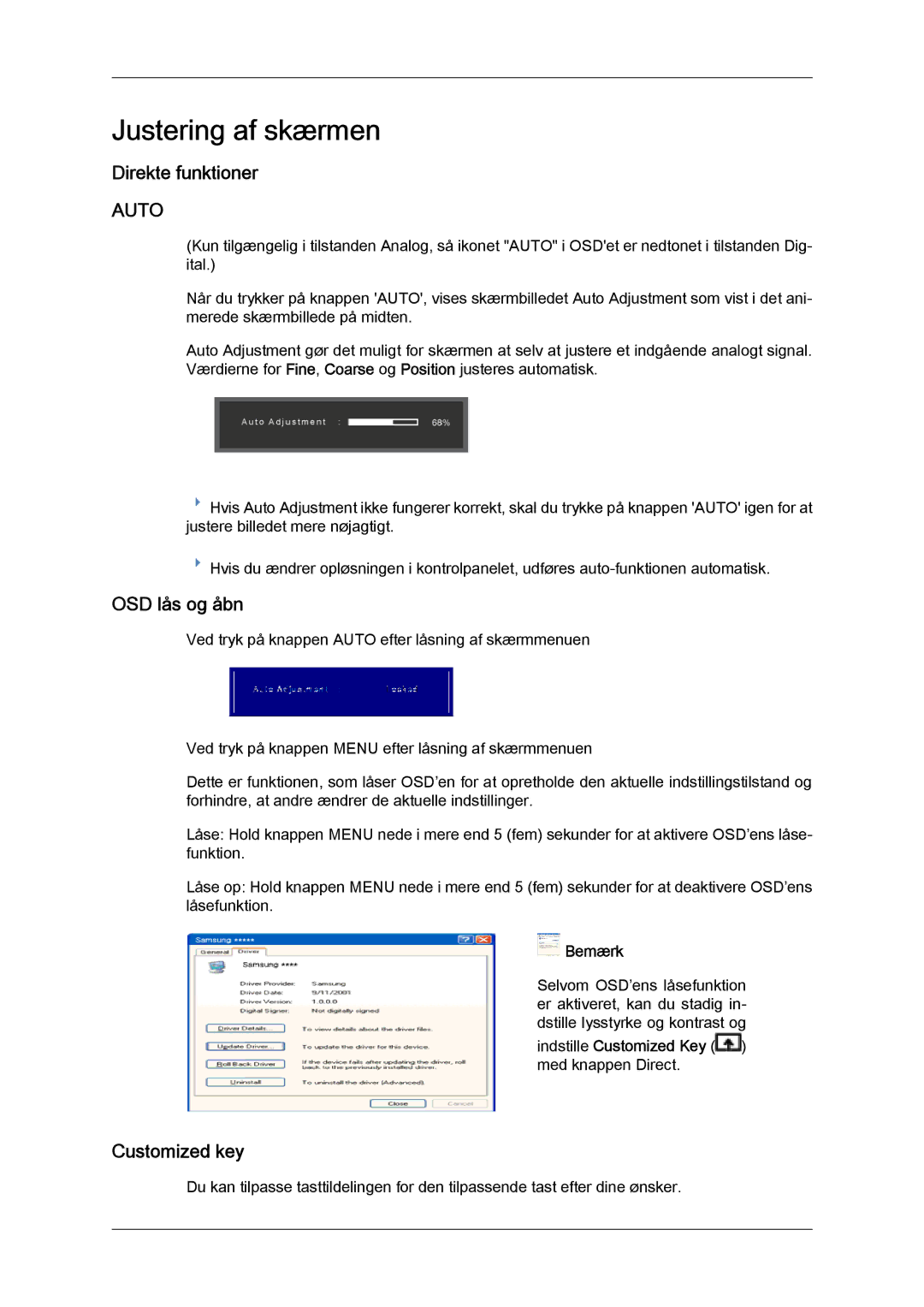 Samsung LS24KILKBQ/EN, LS24KIZKFV/EN manual Justering af skærmen, Direkte funktioner, OSD lås og åbn, Customized key 