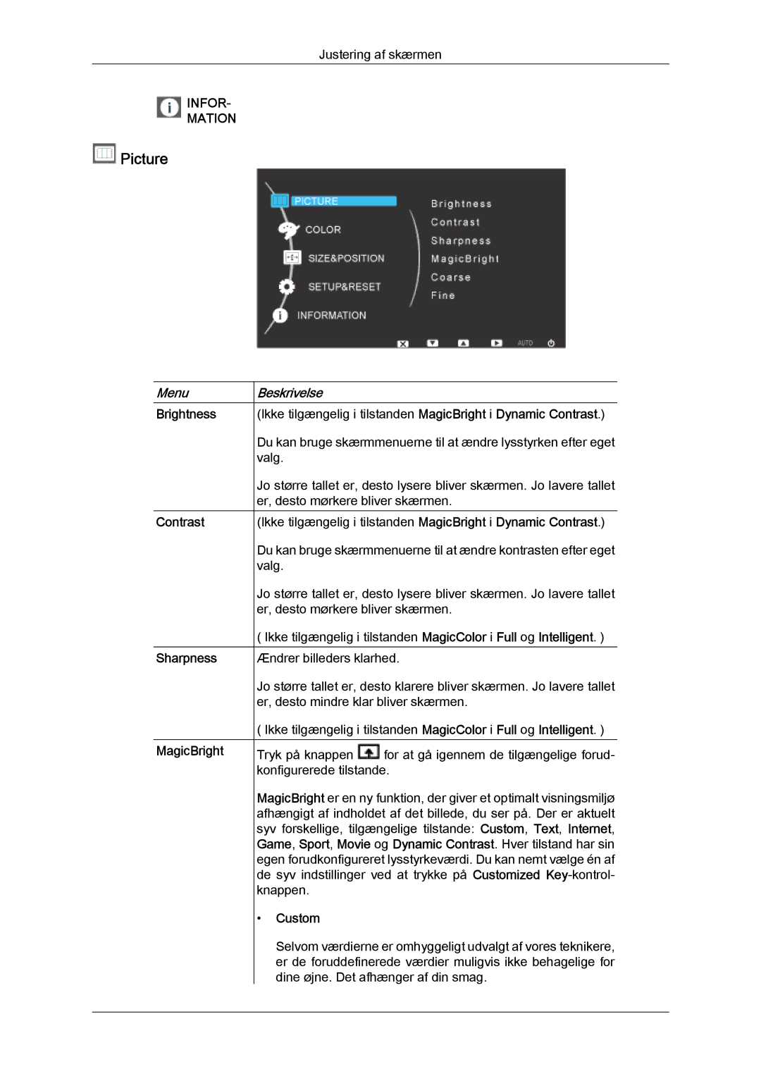 Samsung LS24KILKBQ/EN, LS24KIZKFV/EN manual Picture, Brightness Contrast Sharpness MagicBright, Custom 