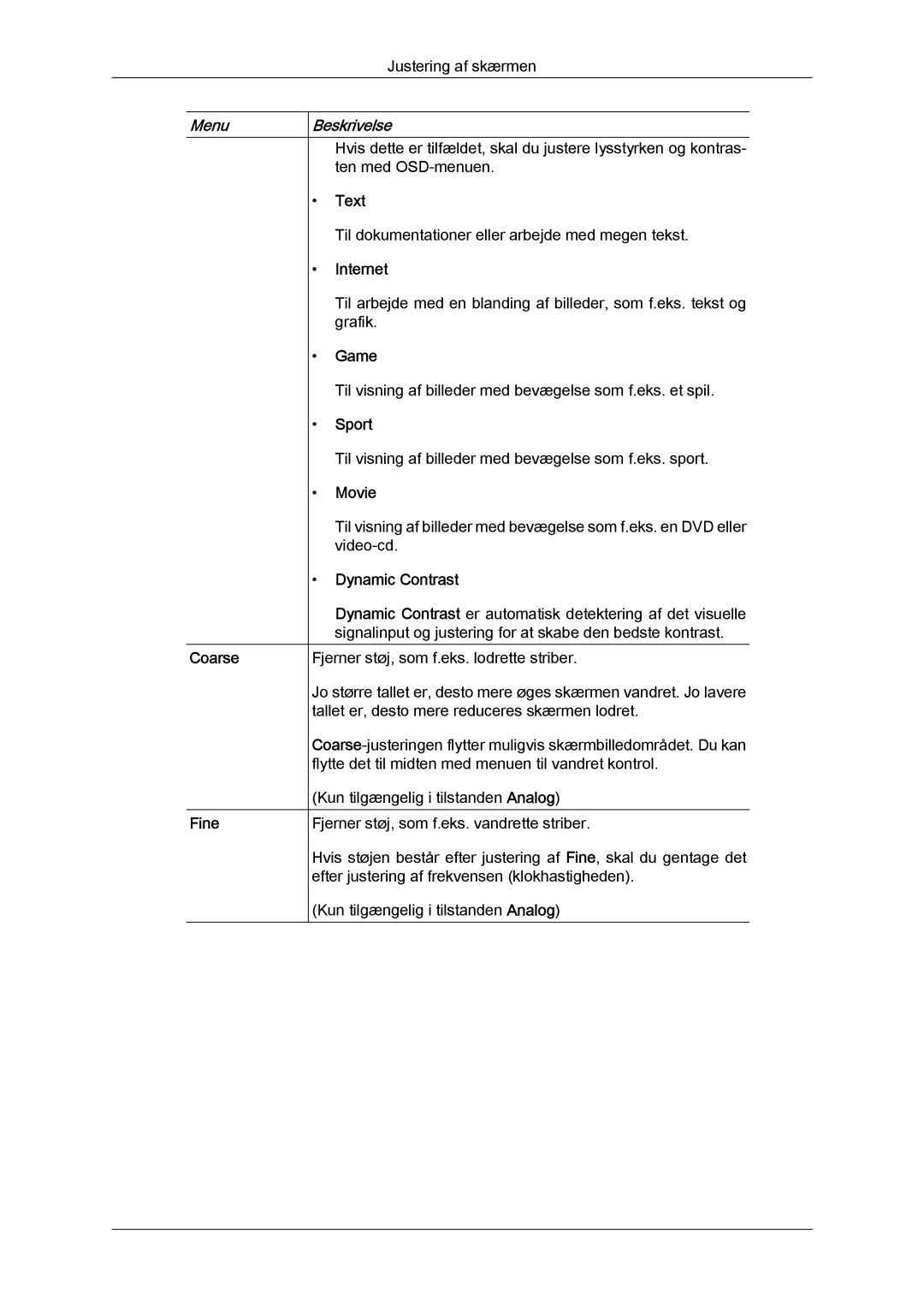 Samsung LS24KIZKFV/EN, LS24KILKBQ/EN manual Coarse Fine, Text, Internet, Game, Sport, Movie, Dynamic Contrast 