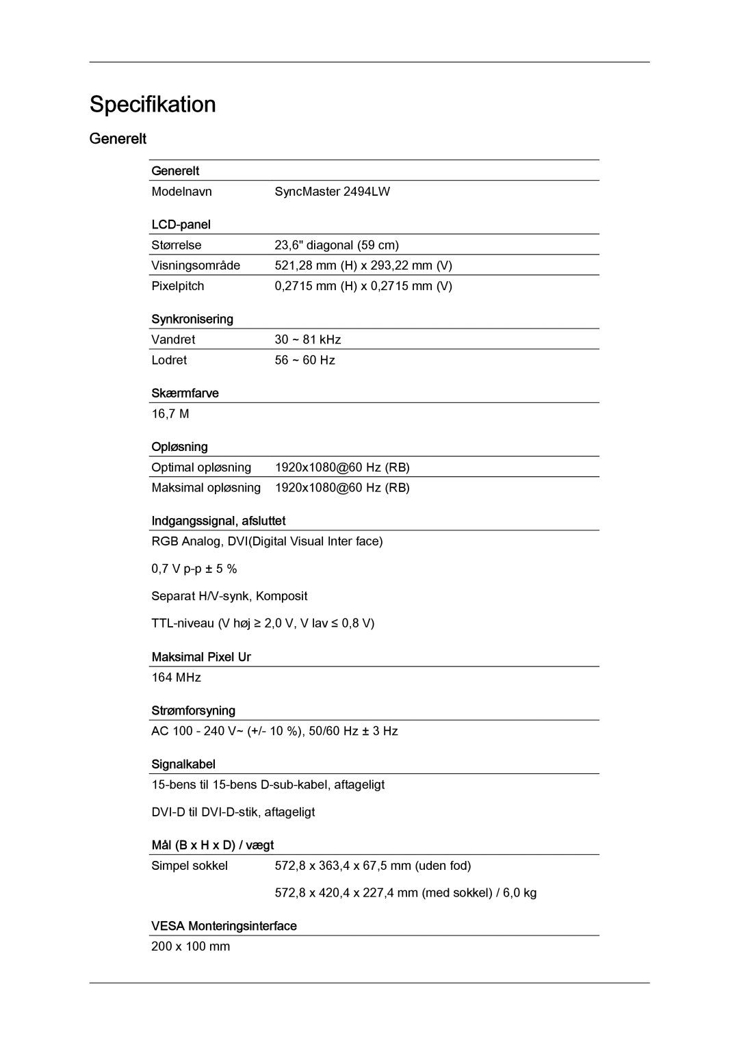 Samsung LS24KIZKFV/EN, LS24KILKBQ/EN manual Specifikation, Generelt 