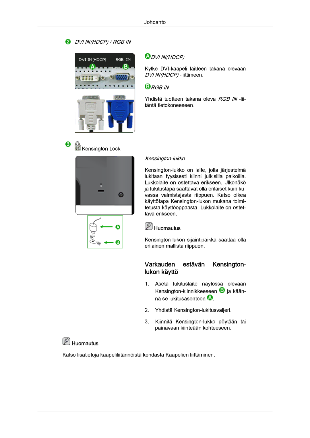 Samsung LS24KIZKFV/EN, LS24KILKBQ/EN manual Varkauden estävän Kensington- lukon käyttö, Rgb 