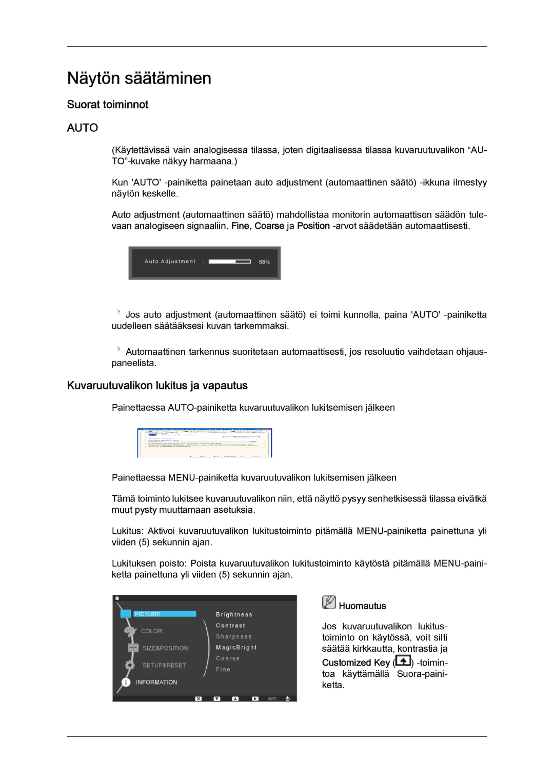 Samsung LS24KILKBQ/EN, LS24KIZKFV/EN manual Näytön säätäminen, Suorat toiminnot, Kuvaruutuvalikon lukitus ja vapautus 