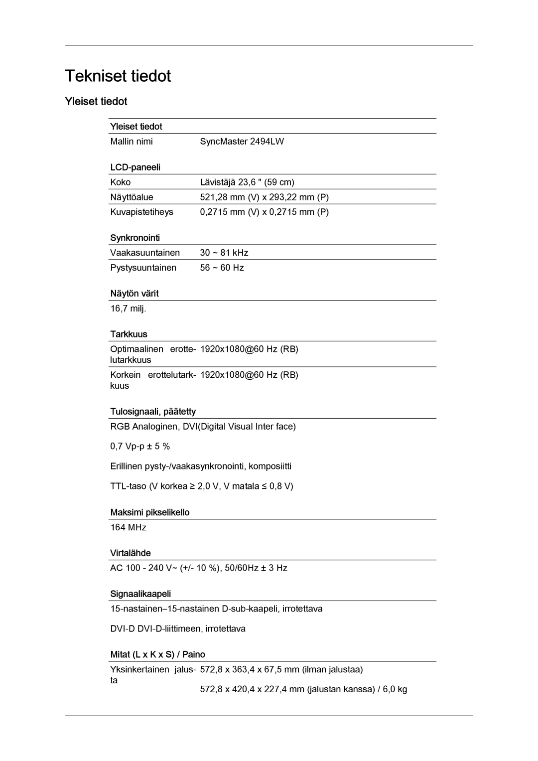 Samsung LS24KIZKFV/EN, LS24KILKBQ/EN manual Tekniset tiedot, Yleiset tiedot 